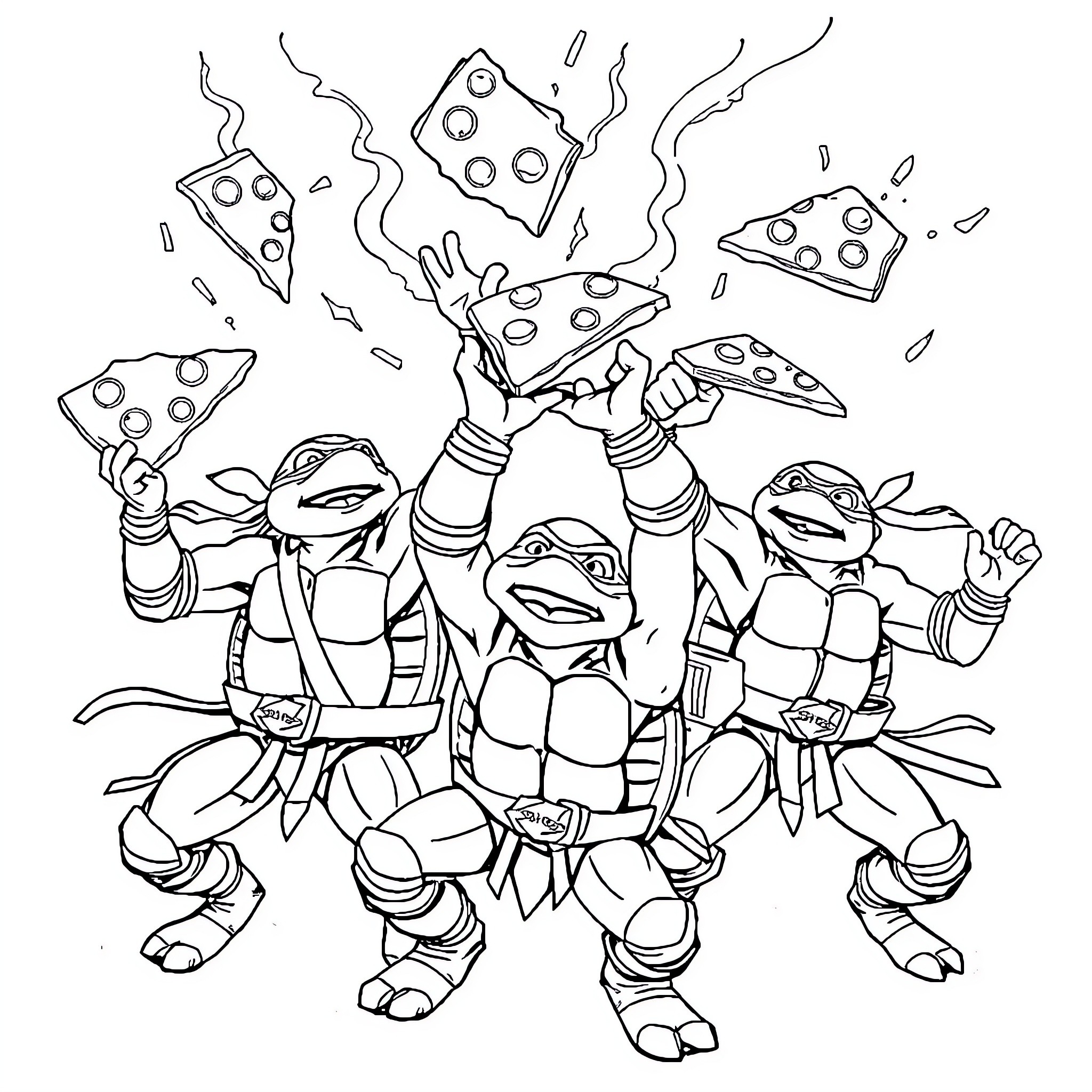 Ninja Turtles enjoying a pizza party Coloring Page (free black-and-white line drawing printable PDF for all, from beginners to advanced learners, including children, teens, adults, and seniors)