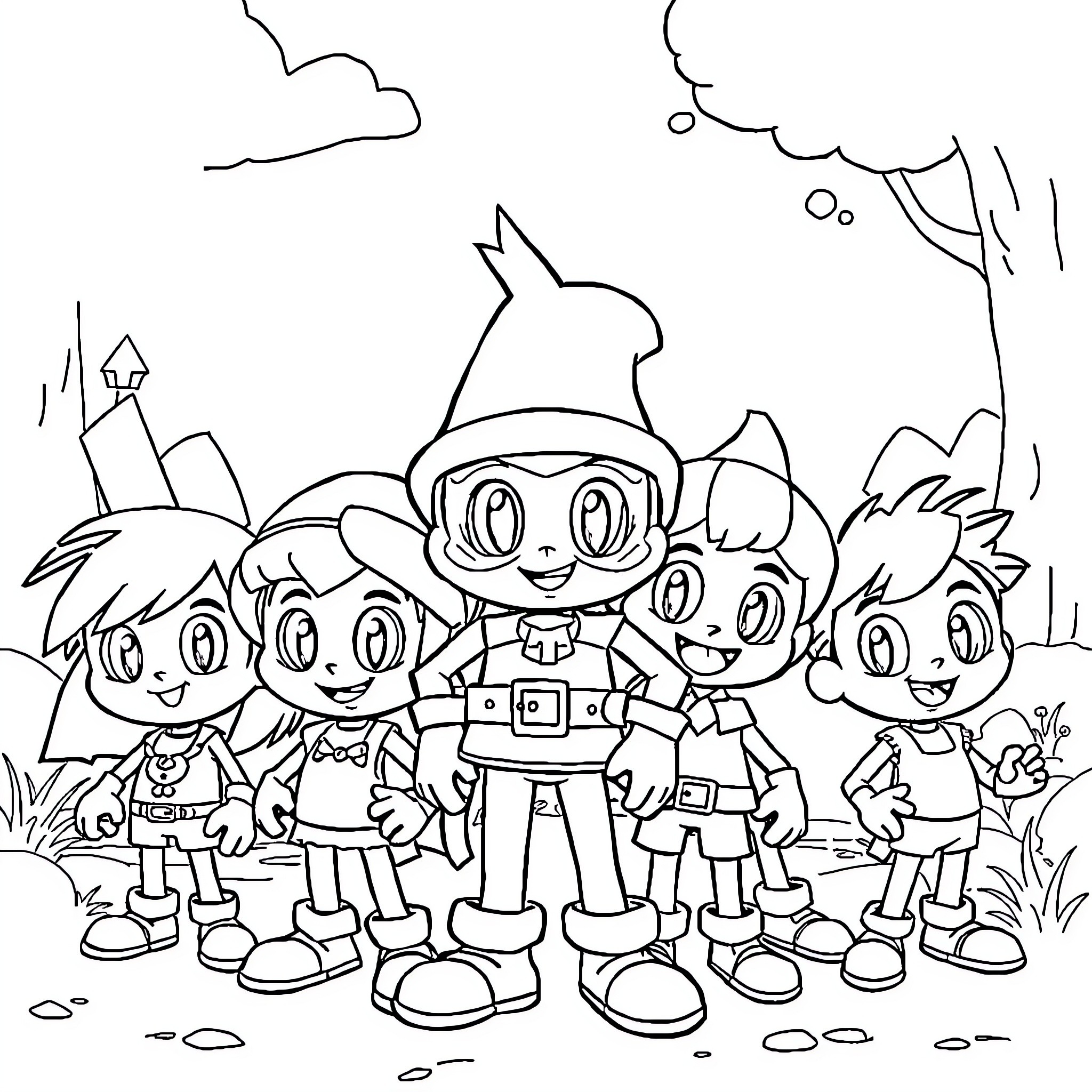 Dandy World of Quirky Adventurers Coloring Page (free black-and-white line drawing printable PDF for all, from beginners to advanced learners, including children, teens, adults, and seniors)