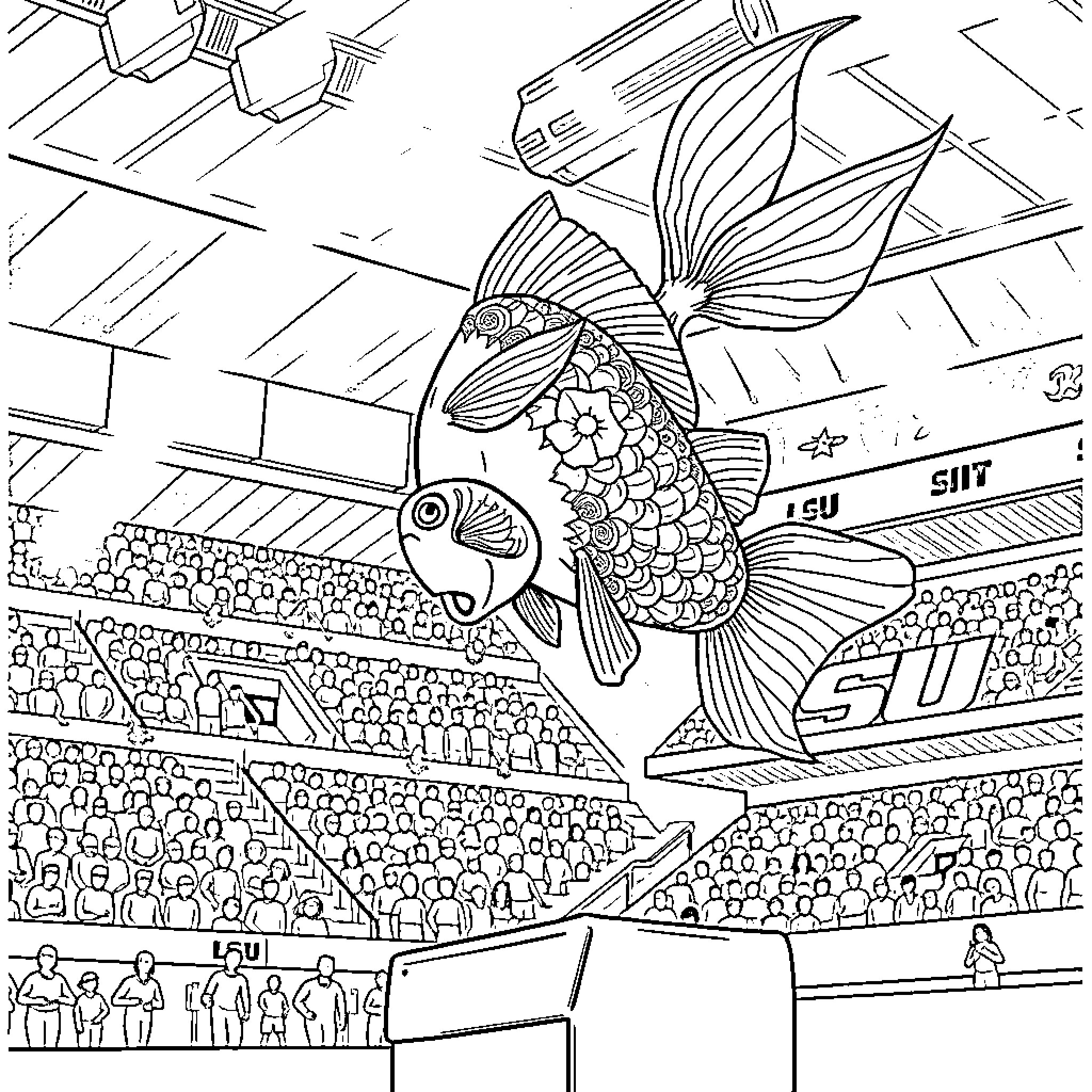 Fish in lively stadium with fans Coloring Page (free black-and-white line drawing printable PDF for all, from beginners to advanced learners, including children, teens, adults, and seniors)
