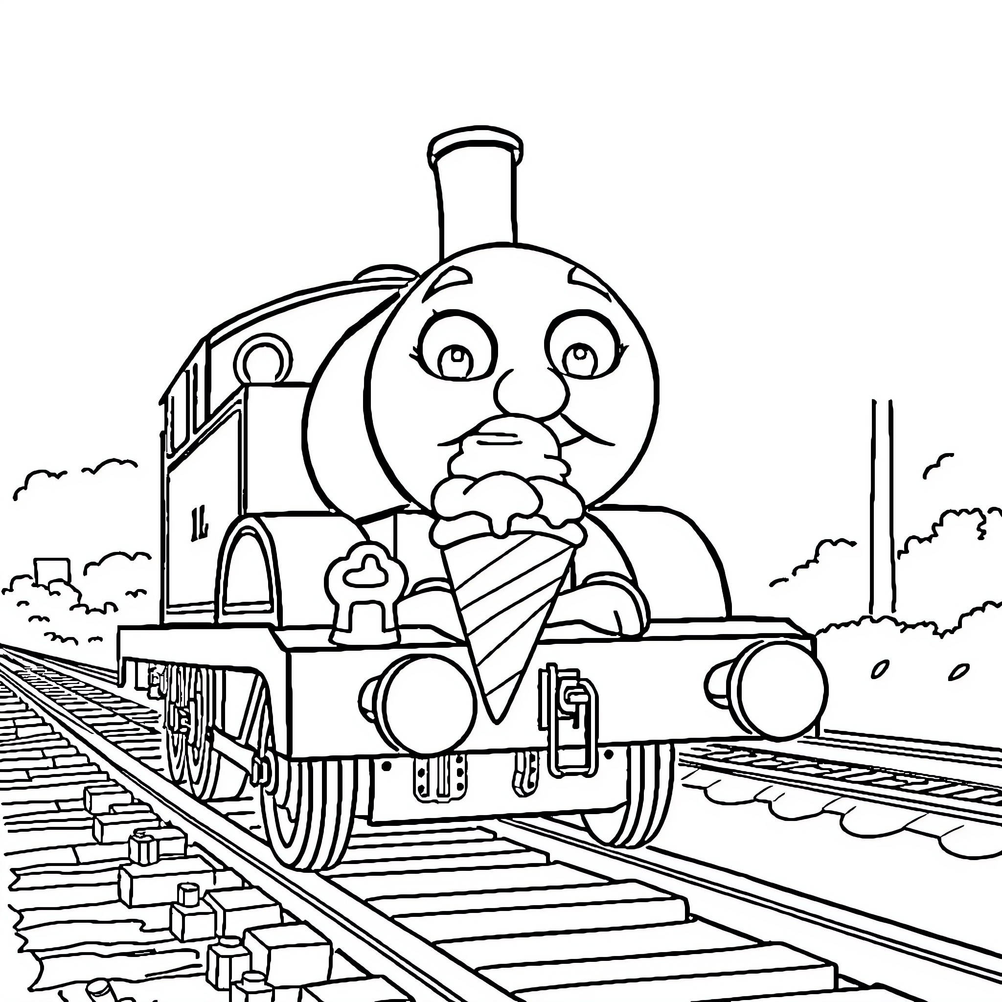 Thomas the Train enjoying a ride on the railway Coloring Page (free black-and-white line drawing printable PDF for all, from beginners to advanced learners, including children, teens, adults, and seniors)