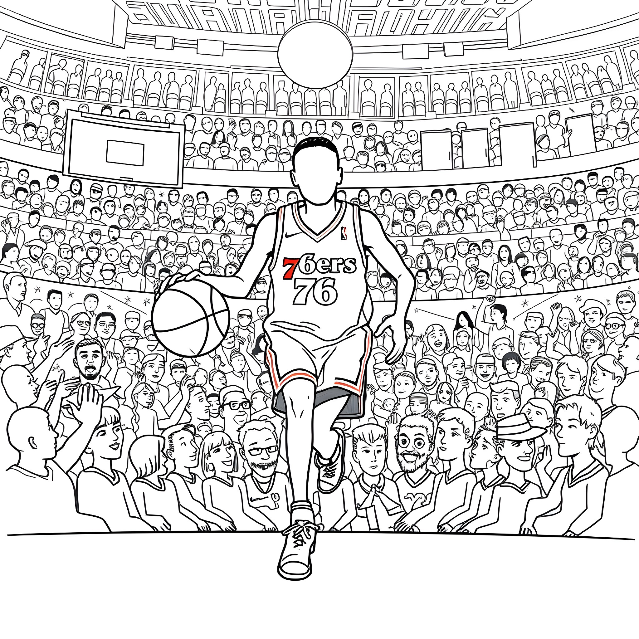 Stick Man Basketball Player in Stadium Coloring Page (free black-and-white line drawing printable PDF for all, from beginners to advanced learners, including children, teens, adults, and seniors)