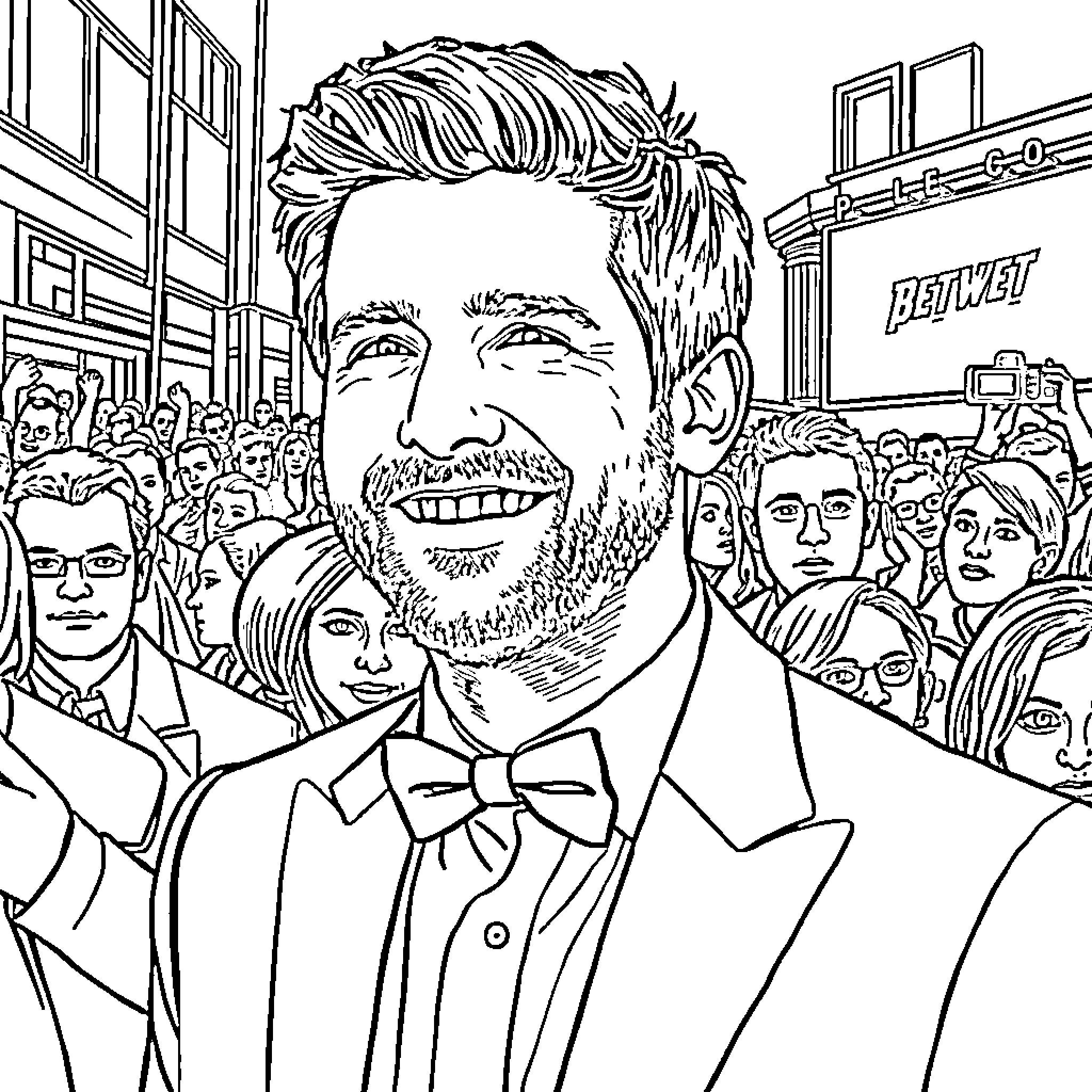 Pedro Pascal smiling and waving to adoring crowd Coloring Page (free black-and-white line drawing printable PDF for all, from beginners to advanced learners, including children, teens, adults, and seniors)