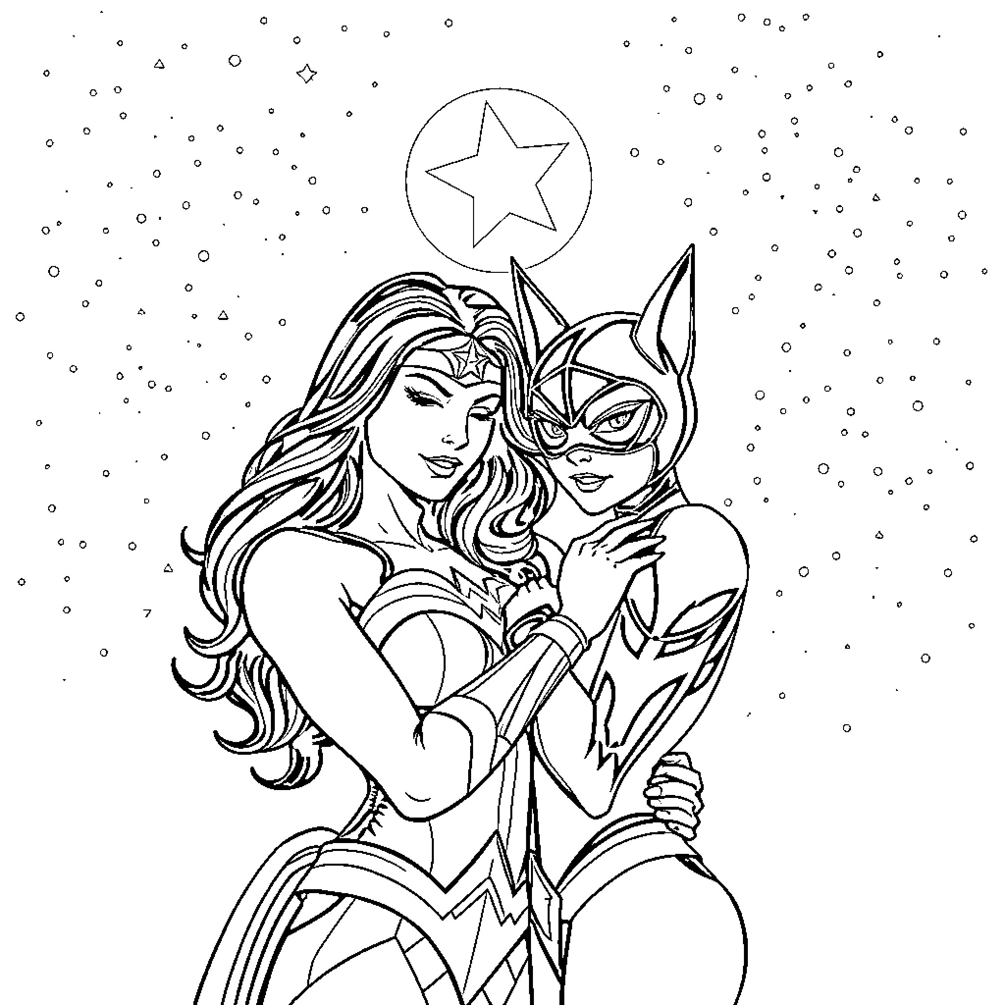Wonder Woman and Superhero Embracing in the Stars Coloring Page (free black-and-white line drawing printable PDF for all, from beginners to advanced learners, including children, teens, adults, and seniors)