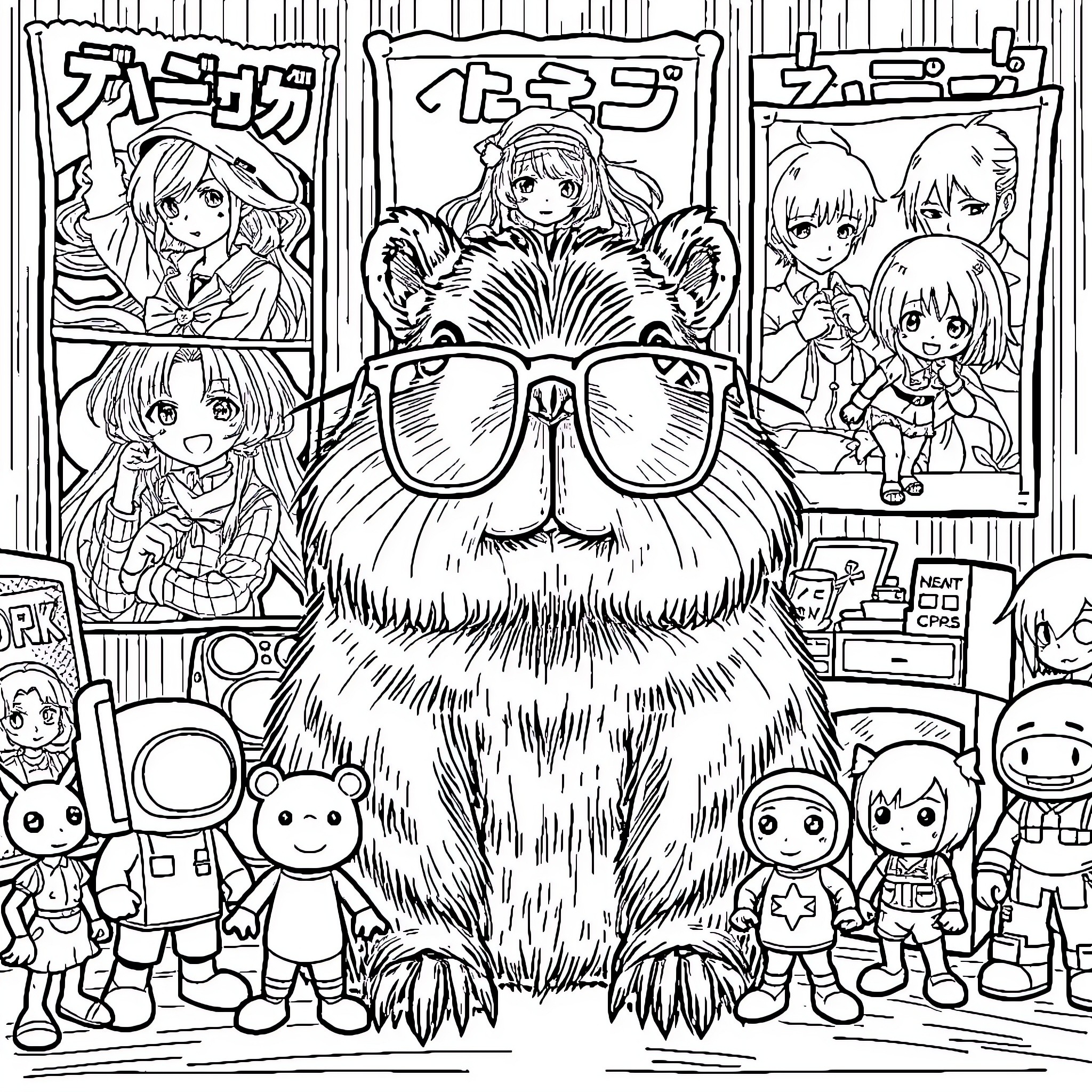 Capybara Among Anime Characters Coloring Page (free black-and-white line drawing printable PDF for all, from beginners to advanced learners, including children, teens, adults, and seniors)