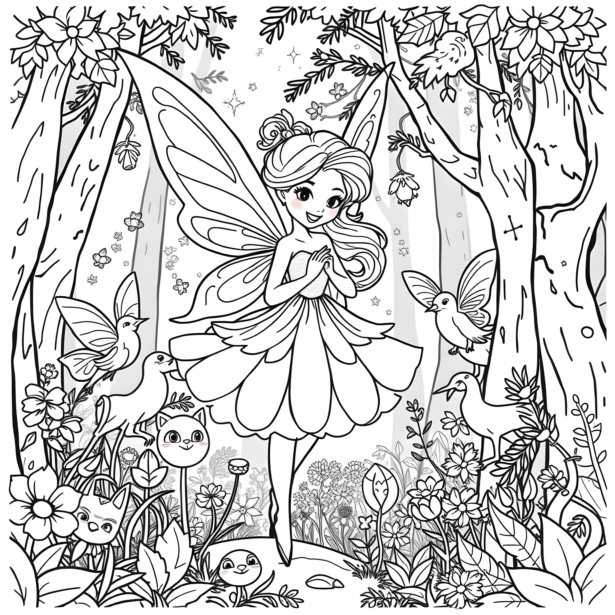 Fairy Girl in a Whimsical Floral Forest Coloring Page (free black-and-white line drawing printable PDF for all, from beginners to advanced learners, including children, teens, adults, and seniors)