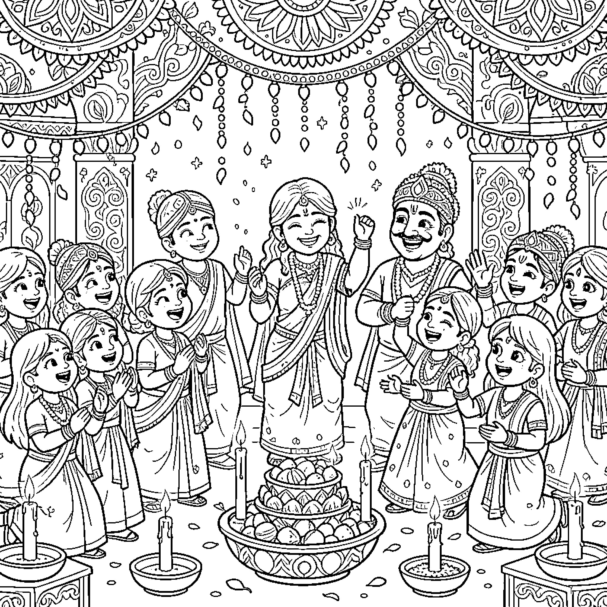 Diwali celebration with family and friends Coloring Page (free black-and-white line drawing printable PDF for all, from beginners to advanced learners, including children, teens, adults, and seniors)