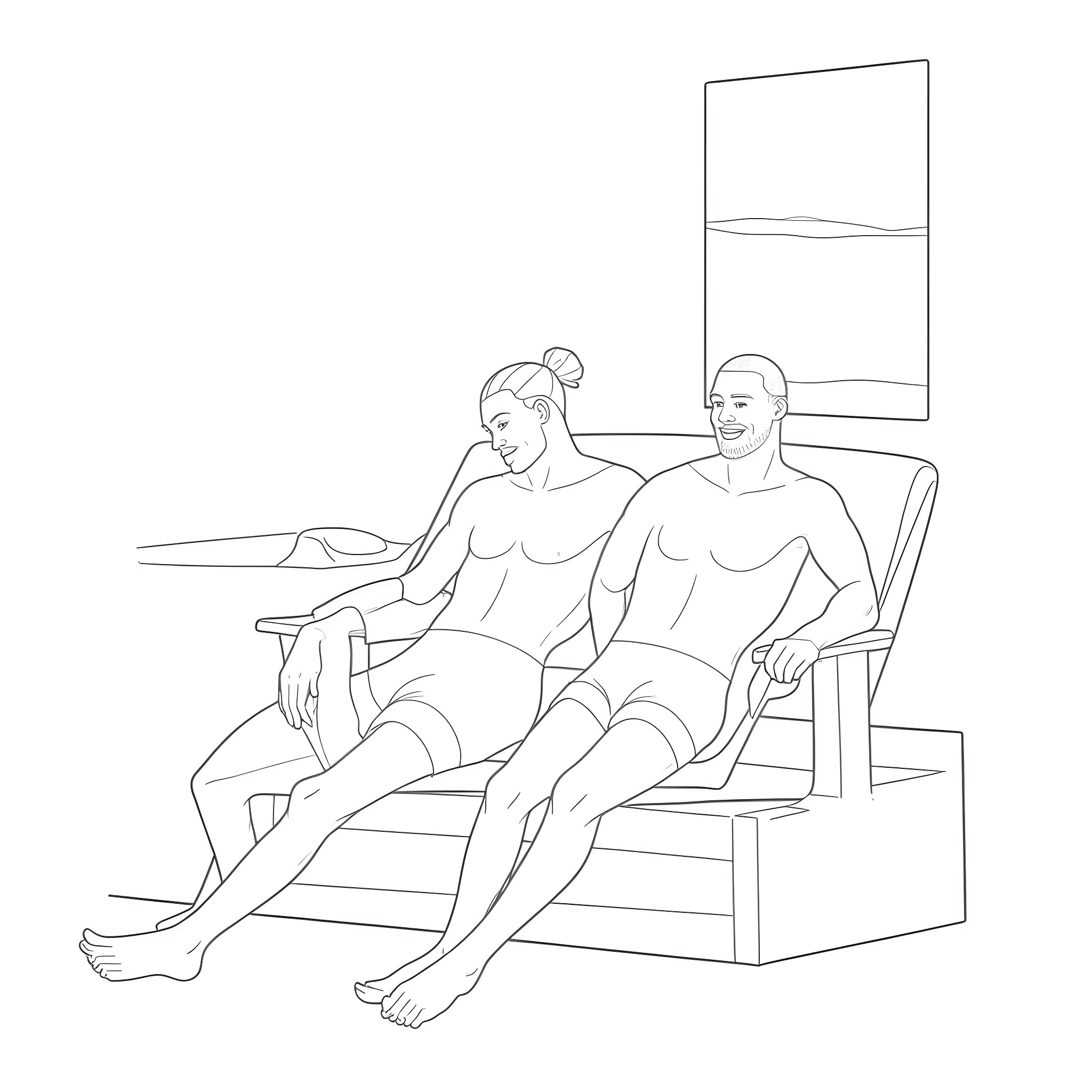 Man and woman relaxing together on a couch Coloring Page (free black-and-white line drawing printable PDF for all, from beginners to advanced learners, including children, teens, adults, and seniors)