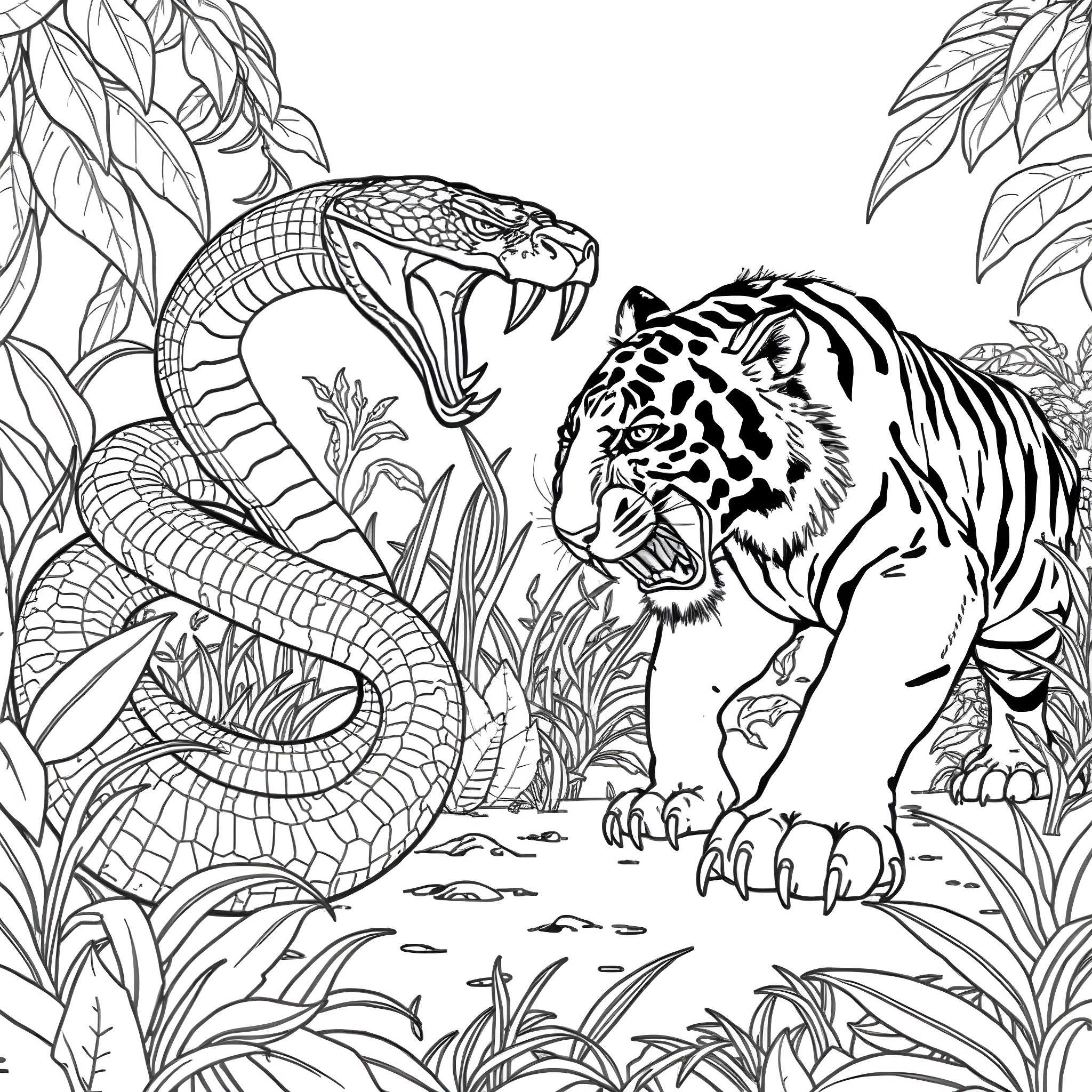 Snake and Tiger in the Jungle Coloring Page (free black-and-white line drawing printable PDF for all, from beginners to advanced learners, including children, teens, adults, and seniors)