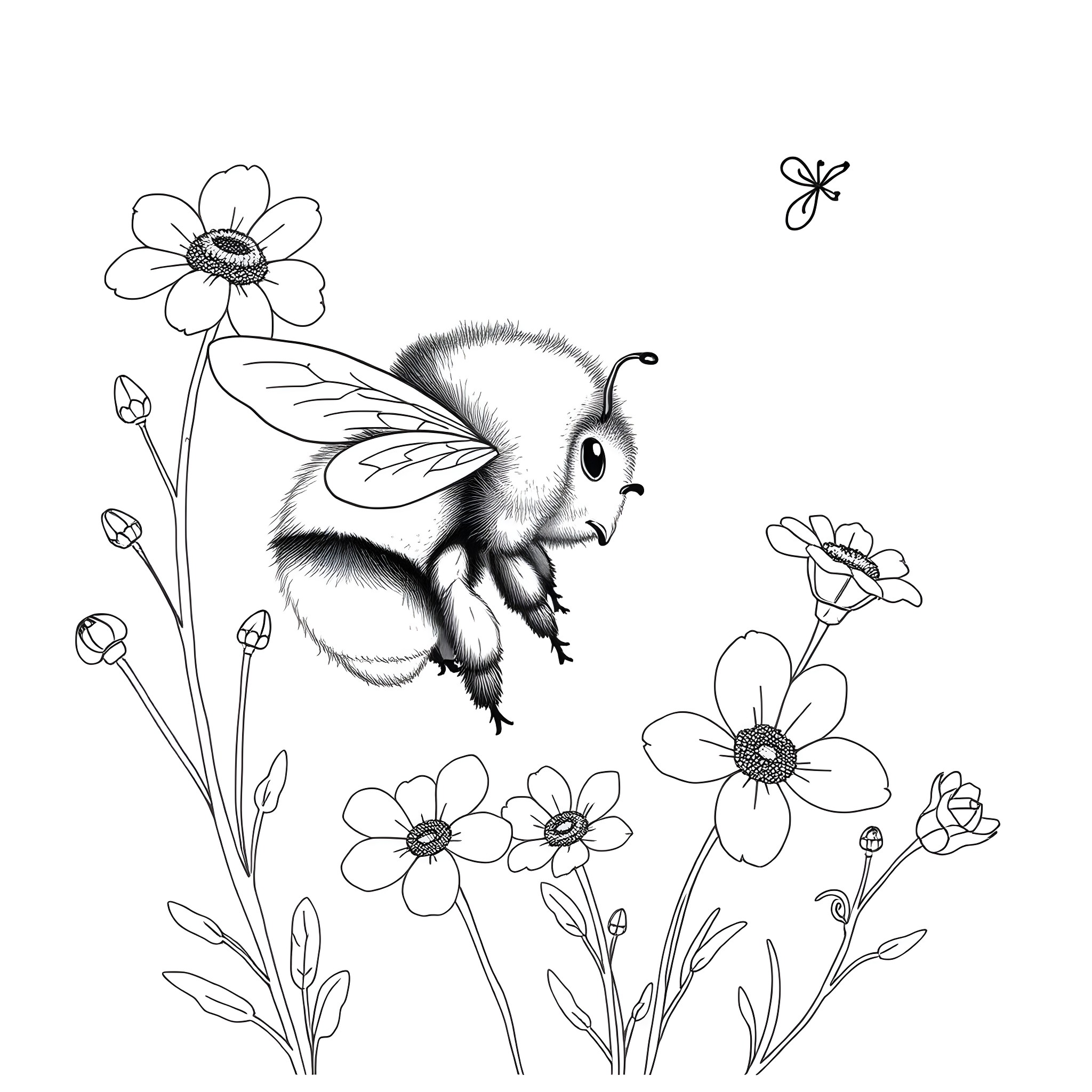 Bumble Bee flying amidst blooming flowers Coloring Page (free black-and-white line drawing printable PDF for all, from beginners to advanced learners, including children, teens, adults, and seniors)
