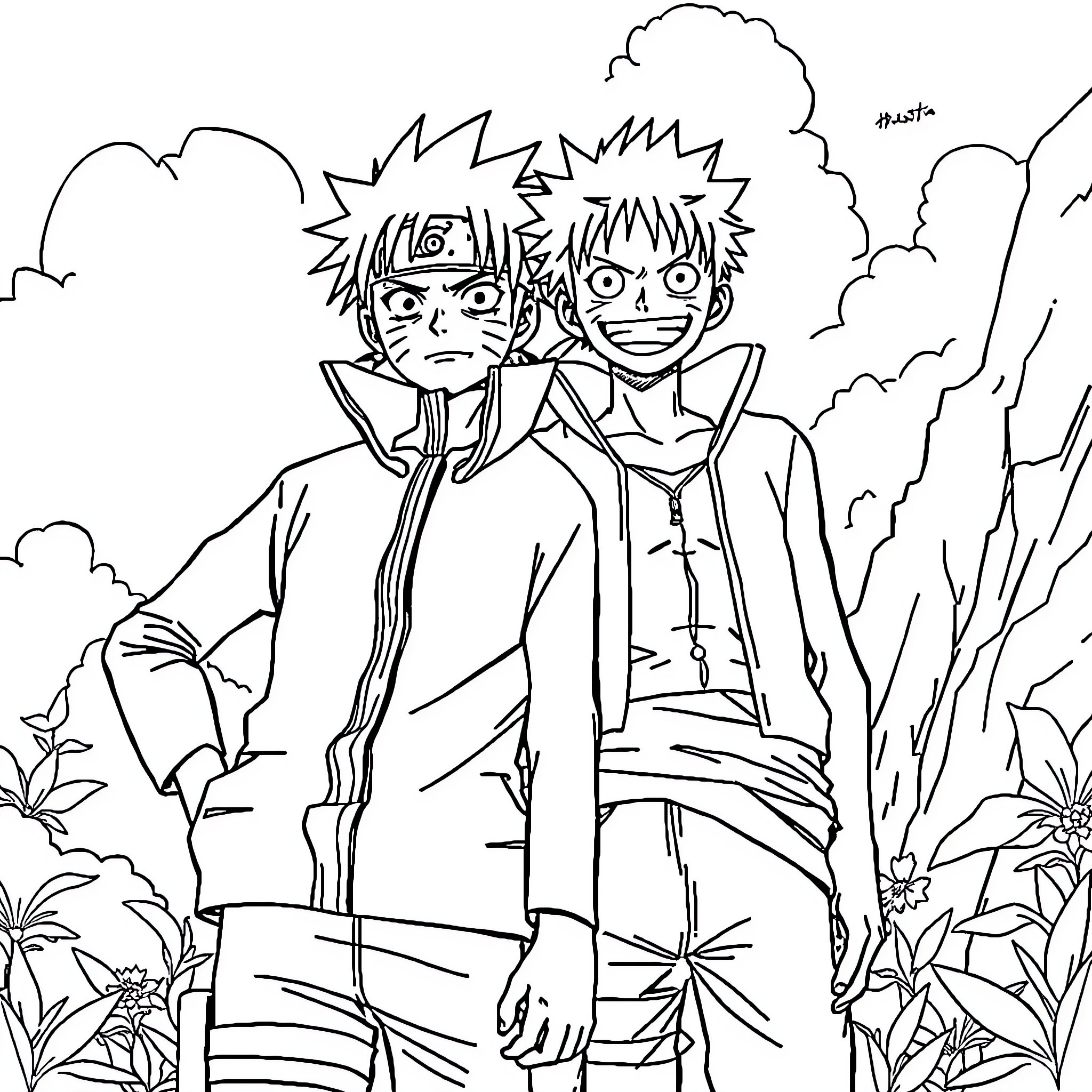 Naruto characters exploring the wilderness Coloring Page (free black-and-white line drawing printable PDF for all, from beginners to advanced learners, including children, teens, adults, and seniors)