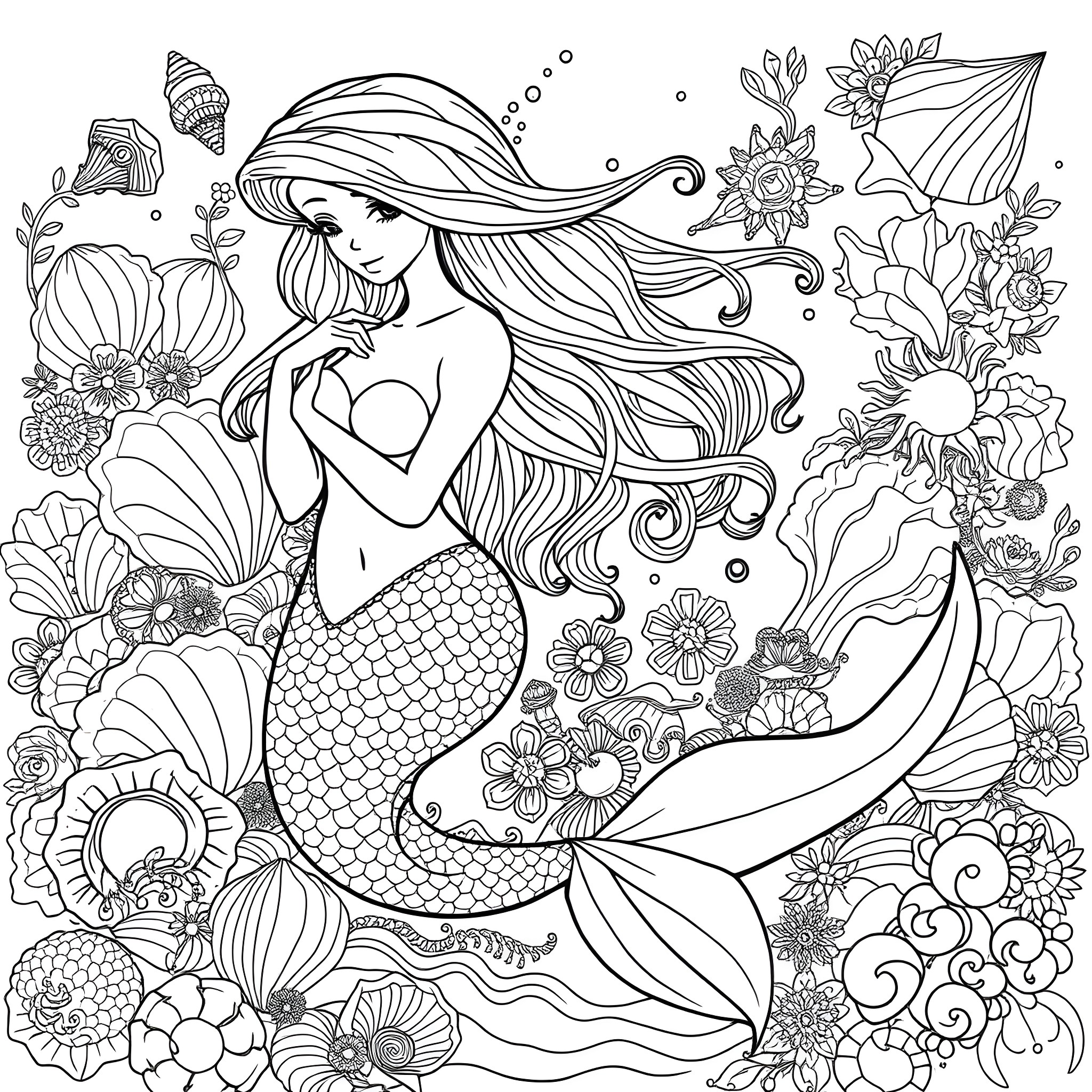 Mermaid surrounded by marine life and flowers Coloring Page (free black-and-white line drawing printable PDF for all, from beginners to advanced learners, including children, teens, adults, and seniors)