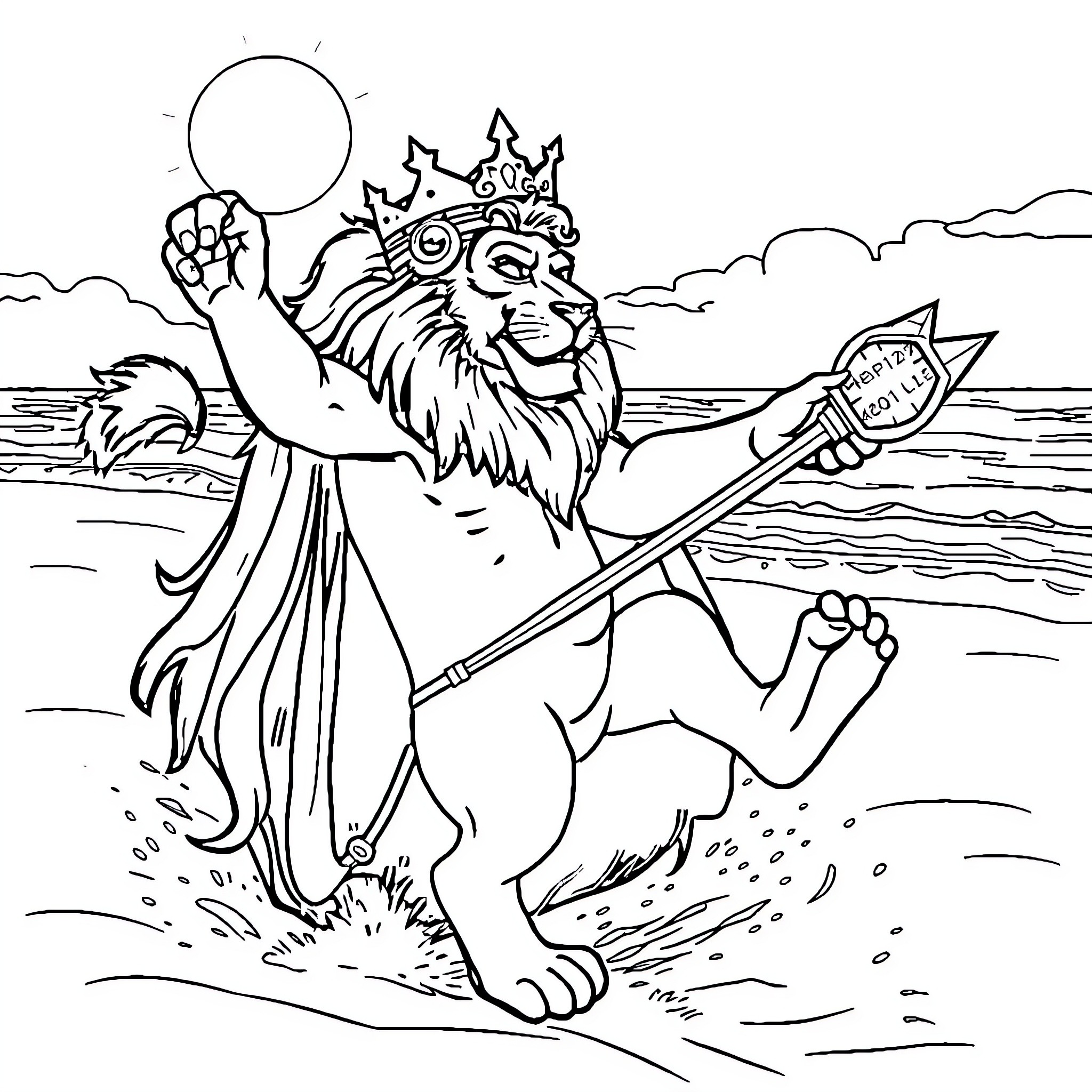 Lion king triumphantly ruling the ocean Coloring Page (free black-and-white line drawing printable PDF for all, from beginners to advanced learners, including children, teens, adults, and seniors)