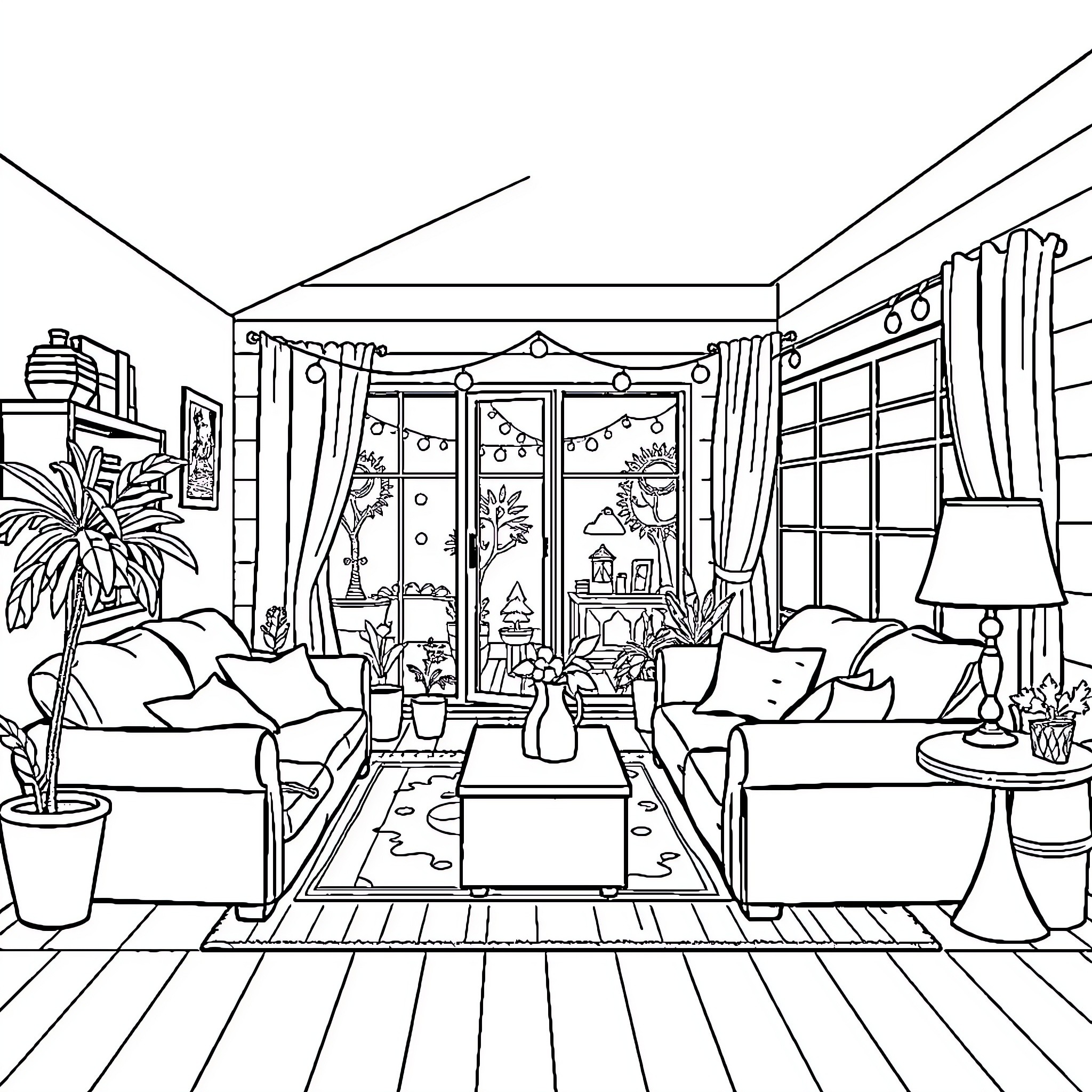 Home Cozy Interior with Decor Coloring Page (free black-and-white line drawing printable PDF for all, from beginners to advanced learners, including children, teens, adults, and seniors)