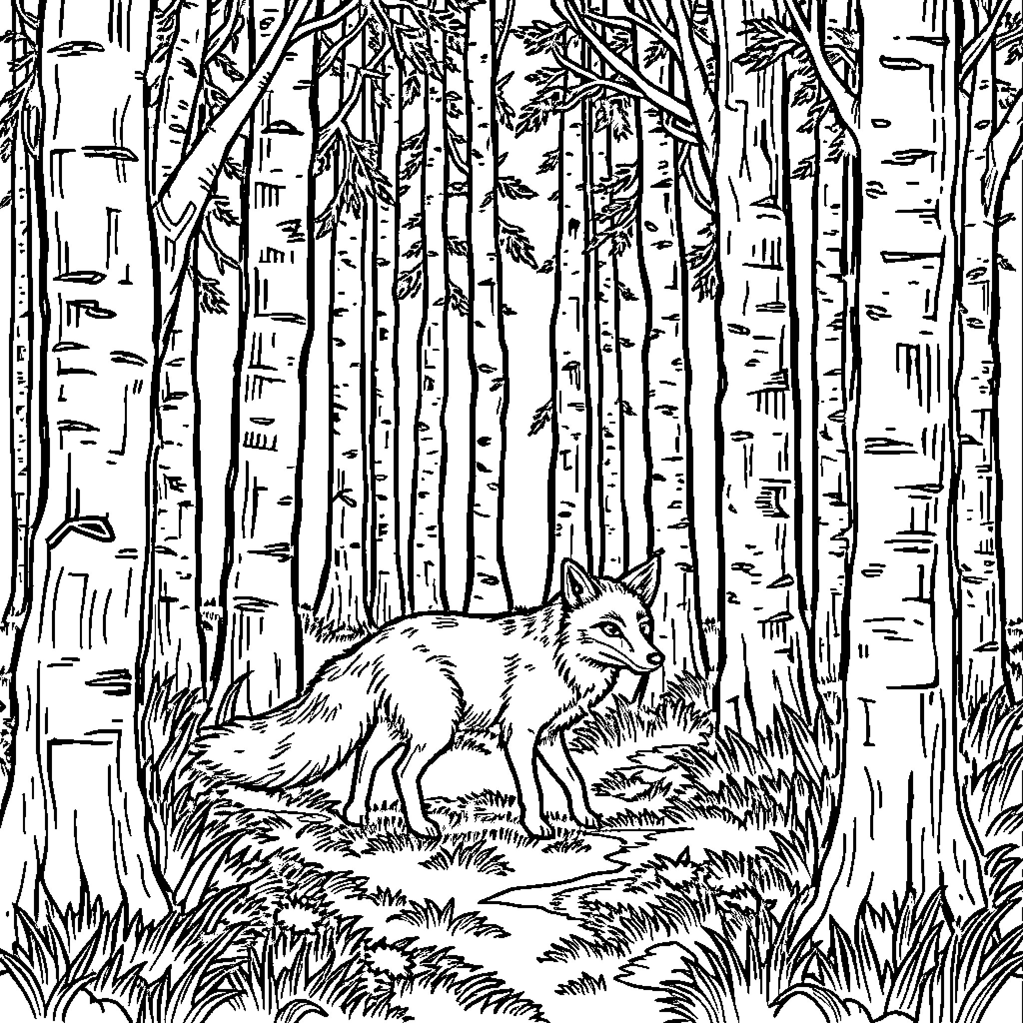 Fox roaming through the enchanted forest Coloring Page (free black-and-white line drawing printable PDF for all, from beginners to advanced learners, including children, teens, adults, and seniors)