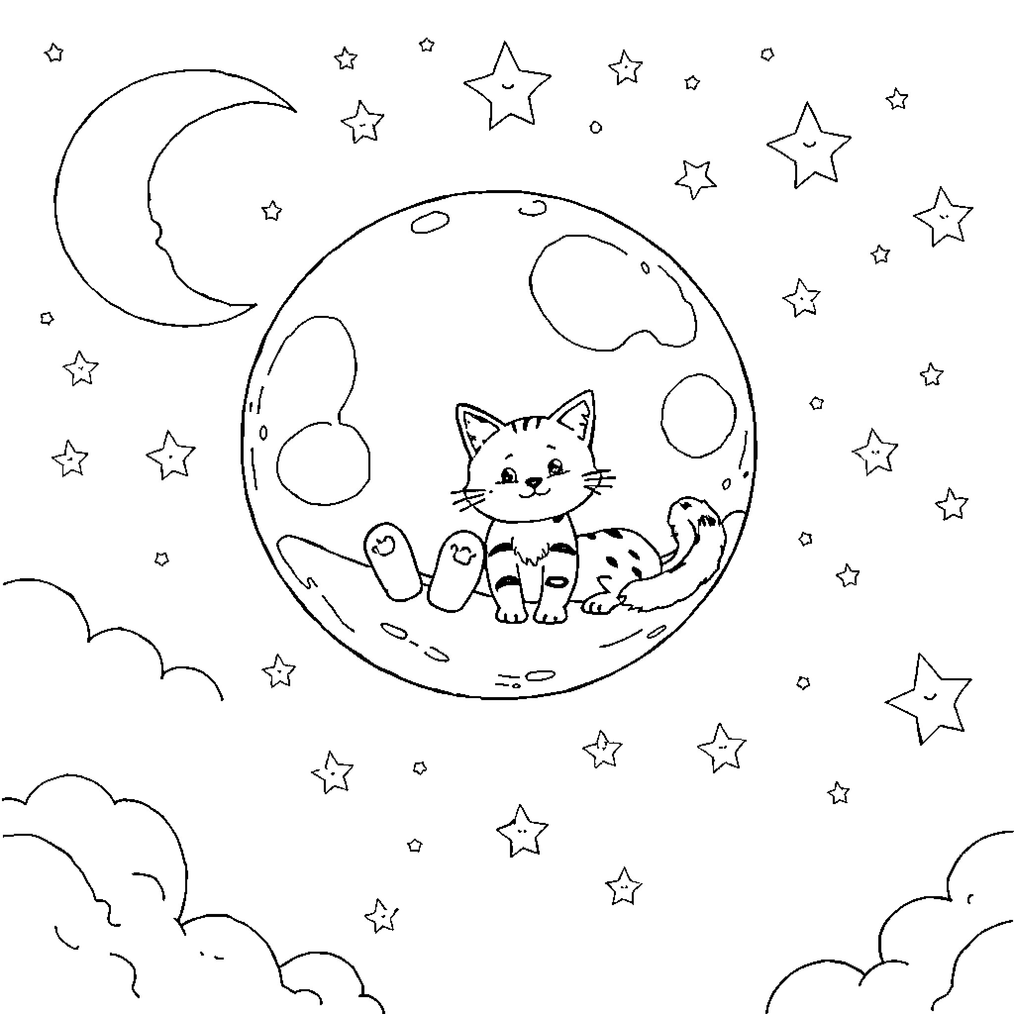 Cat playing under the starry night sky Coloring Page (free black-and-white line drawing printable PDF for all, from beginners to advanced learners, including children, teens, adults, and seniors)