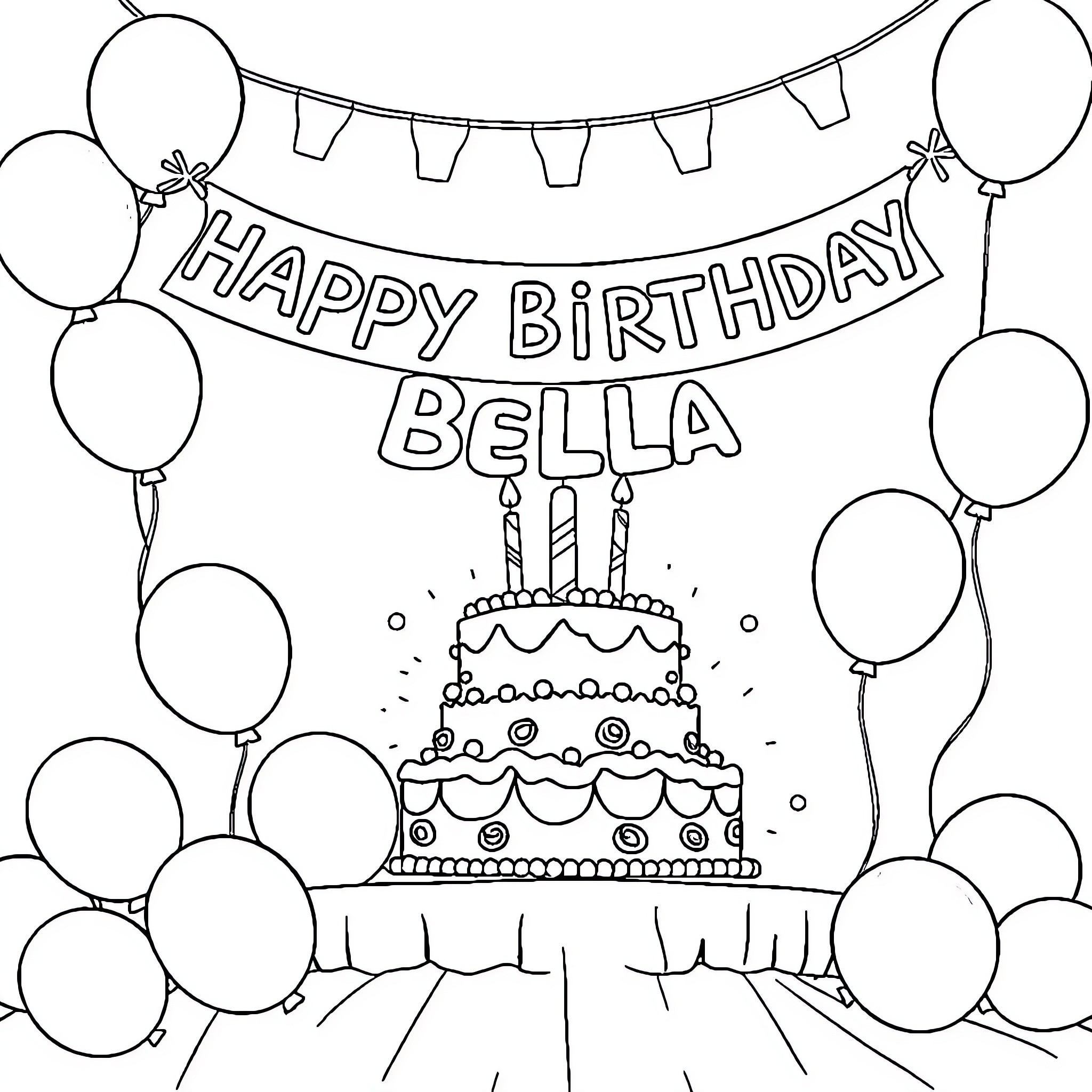 Birthday celebration with banner and balloons Coloring Page (free black-and-white line drawing printable PDF for all, from beginners to advanced learners, including children, teens, adults, and seniors)