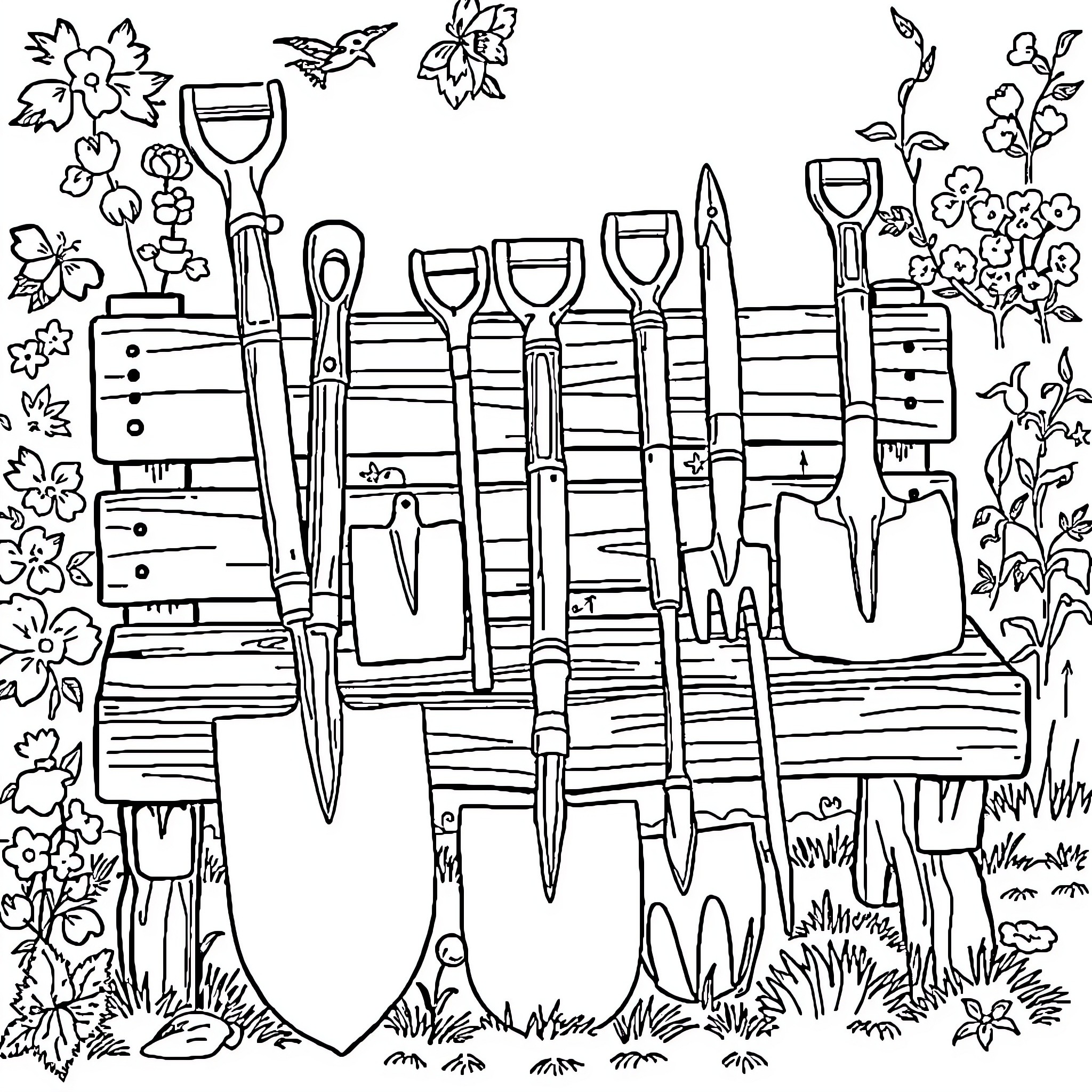 Garden Tool Collection on Wooden Background Coloring Page (free black-and-white line drawing printable PDF for all, from beginners to advanced learners, including children, teens, adults, and seniors)