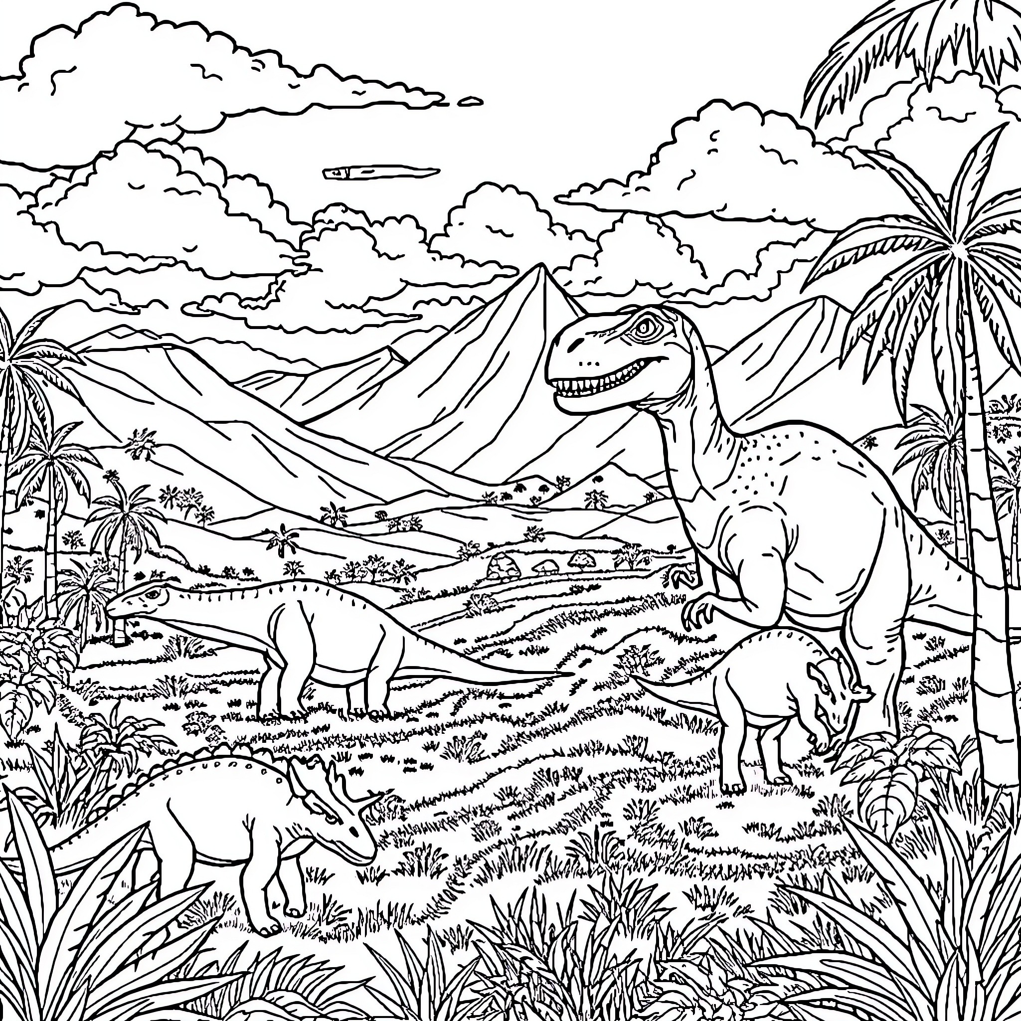 Dinosaurs roaming in a prehistoric landscape Coloring Page (free black-and-white line drawing printable PDF for all, from beginners to advanced learners, including children, teens, adults, and seniors)