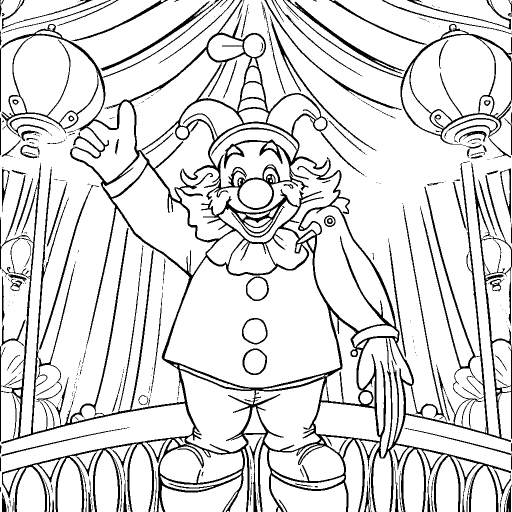 Clown performing on a circus stage Coloring Page (free black-and-white line drawing printable PDF for all, from beginners to advanced learners, including children, teens, adults, and seniors)