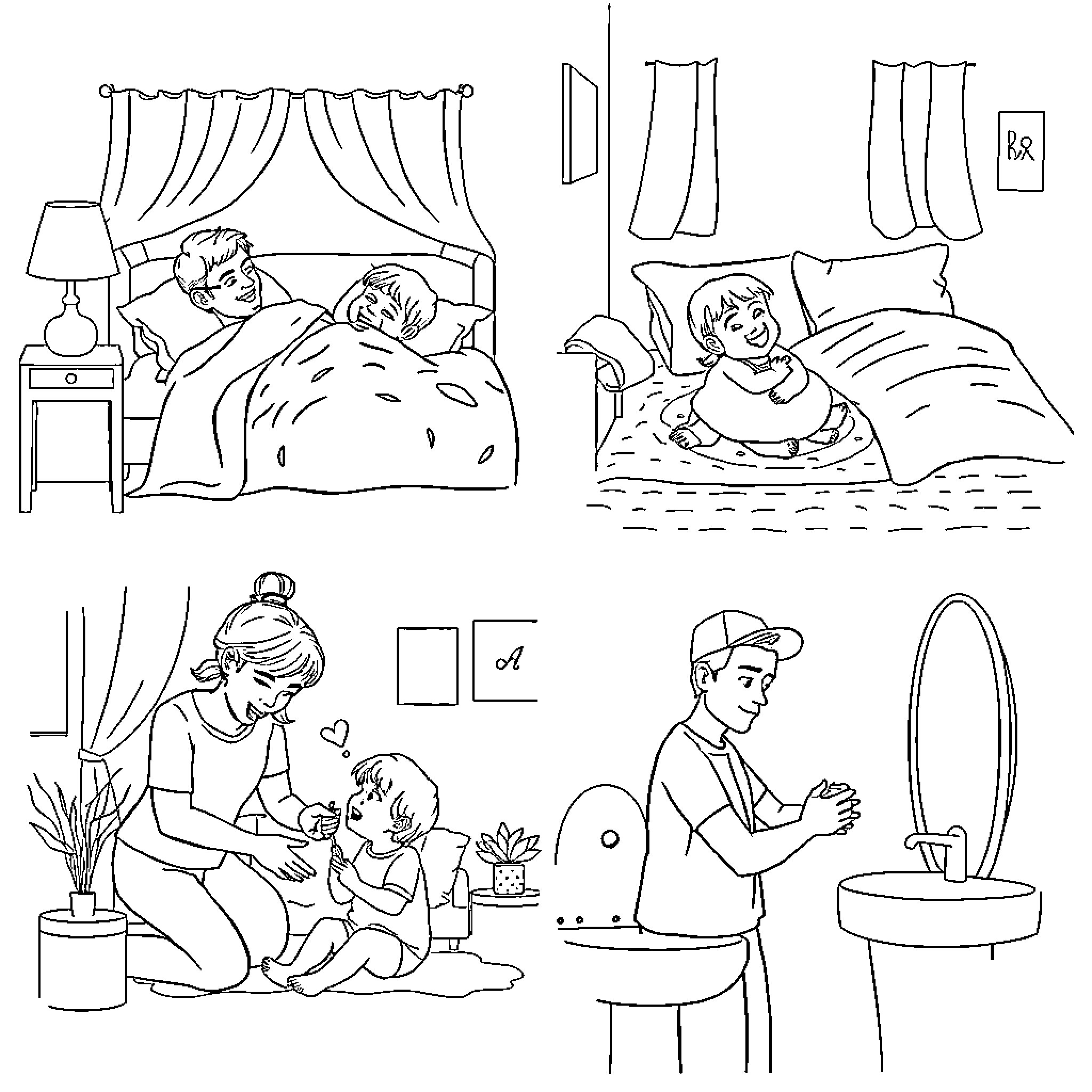 Familia sharing tender moments at home Coloring Page (free black-and-white line drawing printable PDF for all, from beginners to advanced learners, including children, teens, adults, and seniors)