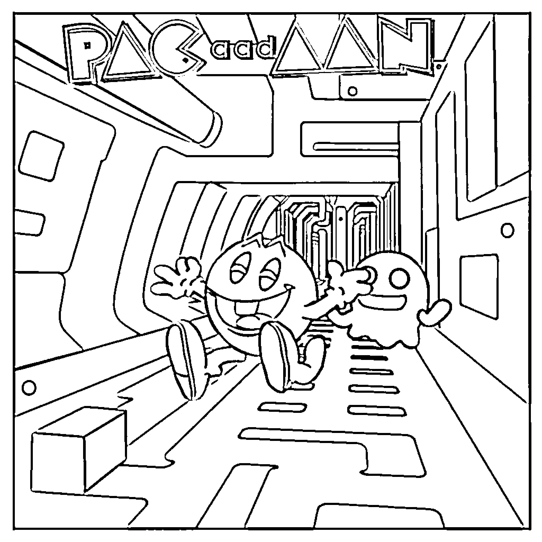 Pac-Man traversing through a maze Coloring Page (free black-and-white line drawing printable PDF for all, from beginners to advanced learners, including children, teens, adults, and seniors)