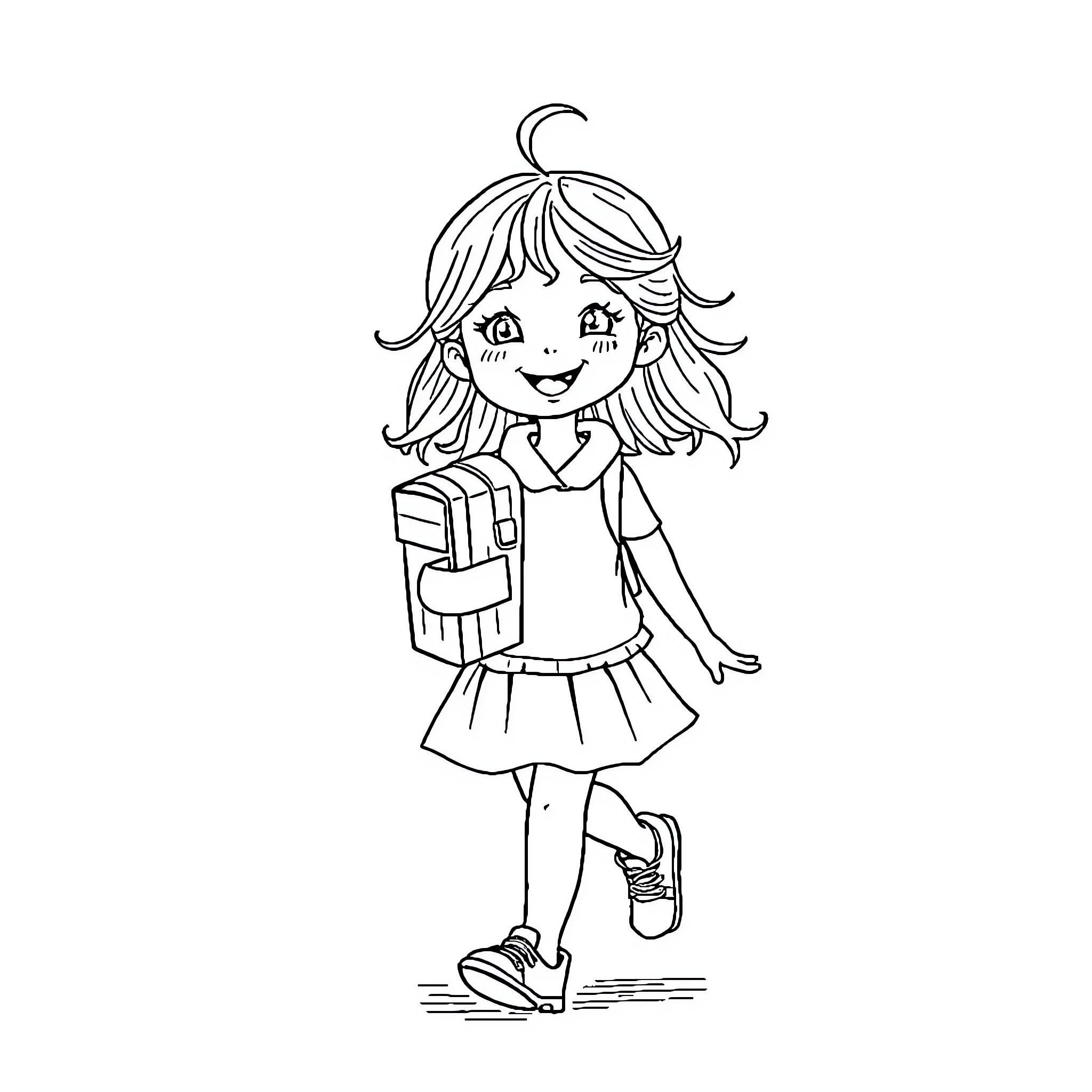 Girl Happily Walking to School with Backpack Coloring Page (free black-and-white line drawing printable PDF for all, from beginners to advanced learners, including children, teens, adults, and seniors)