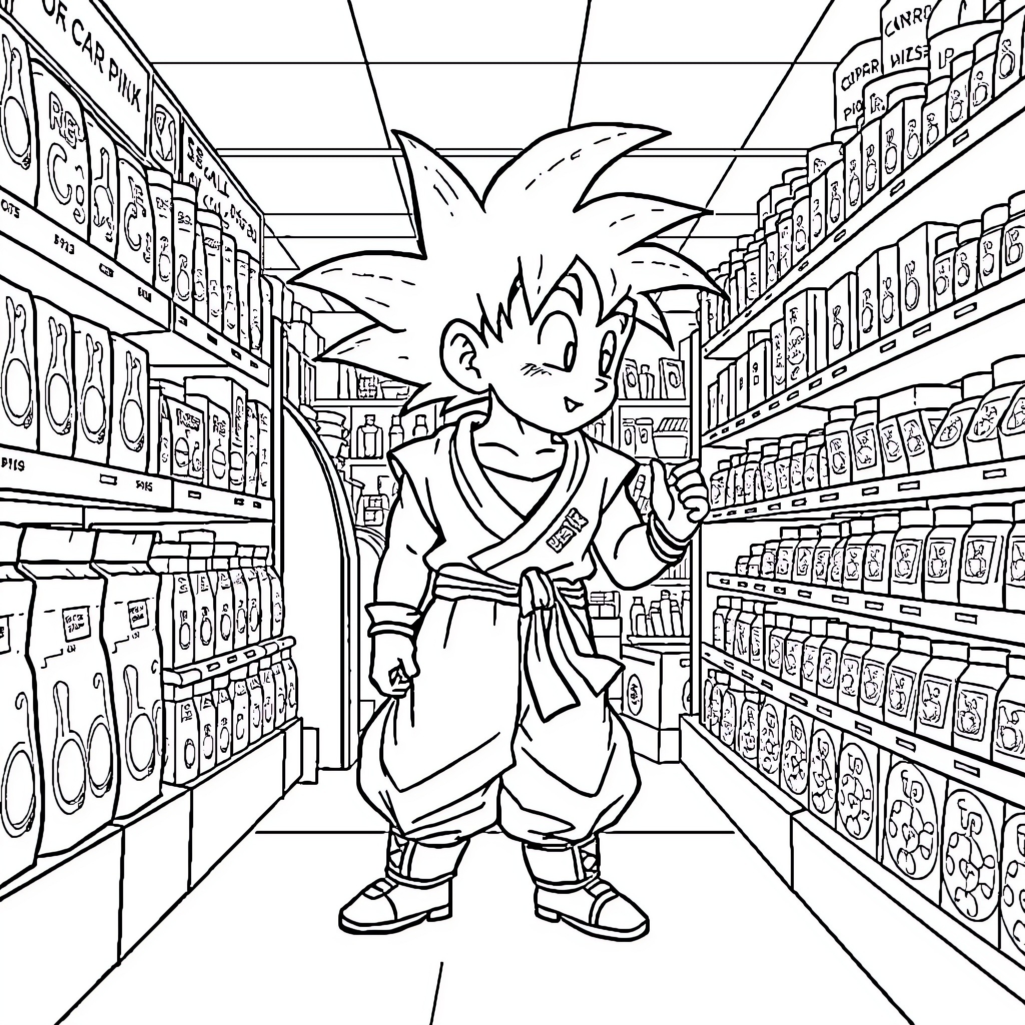 Son Goku shopping in a grocery store Coloring Page (free black-and-white line drawing printable PDF for all, from beginners to advanced learners, including children, teens, adults, and seniors)