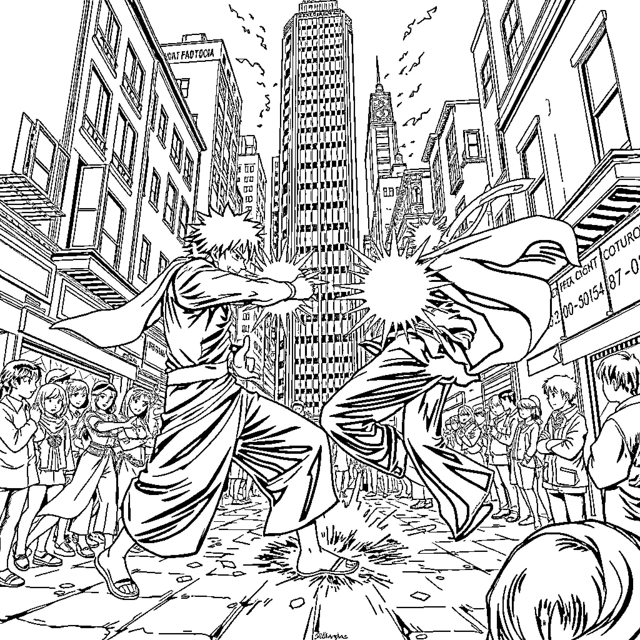 Ichigo's Battle in the Crowded City Streets Coloring Page (free black-and-white line drawing printable PDF for all, from beginners to advanced learners, including children, teens, adults, and seniors)