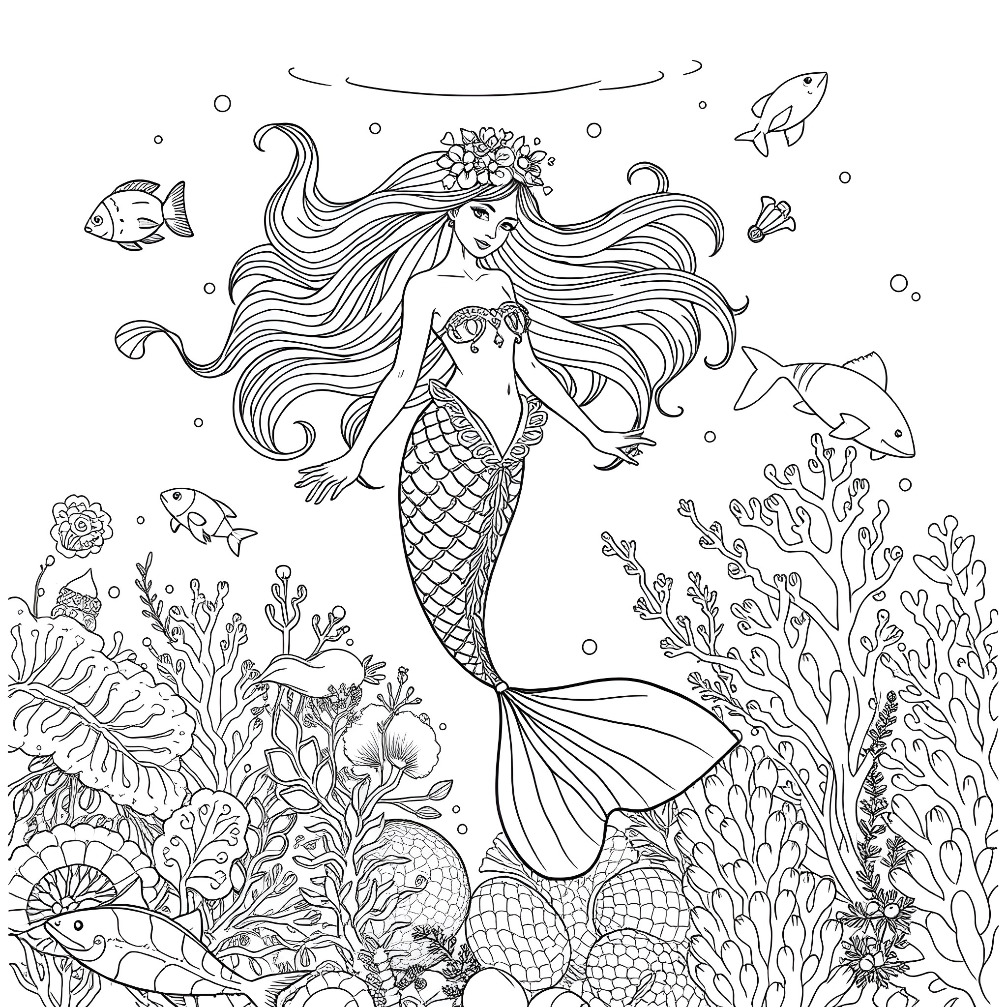 Mermaid swimming among coral reef and marine life Coloring Page (free black-and-white line drawing printable PDF for all, from beginners to advanced learners, including children, teens, adults, and seniors)