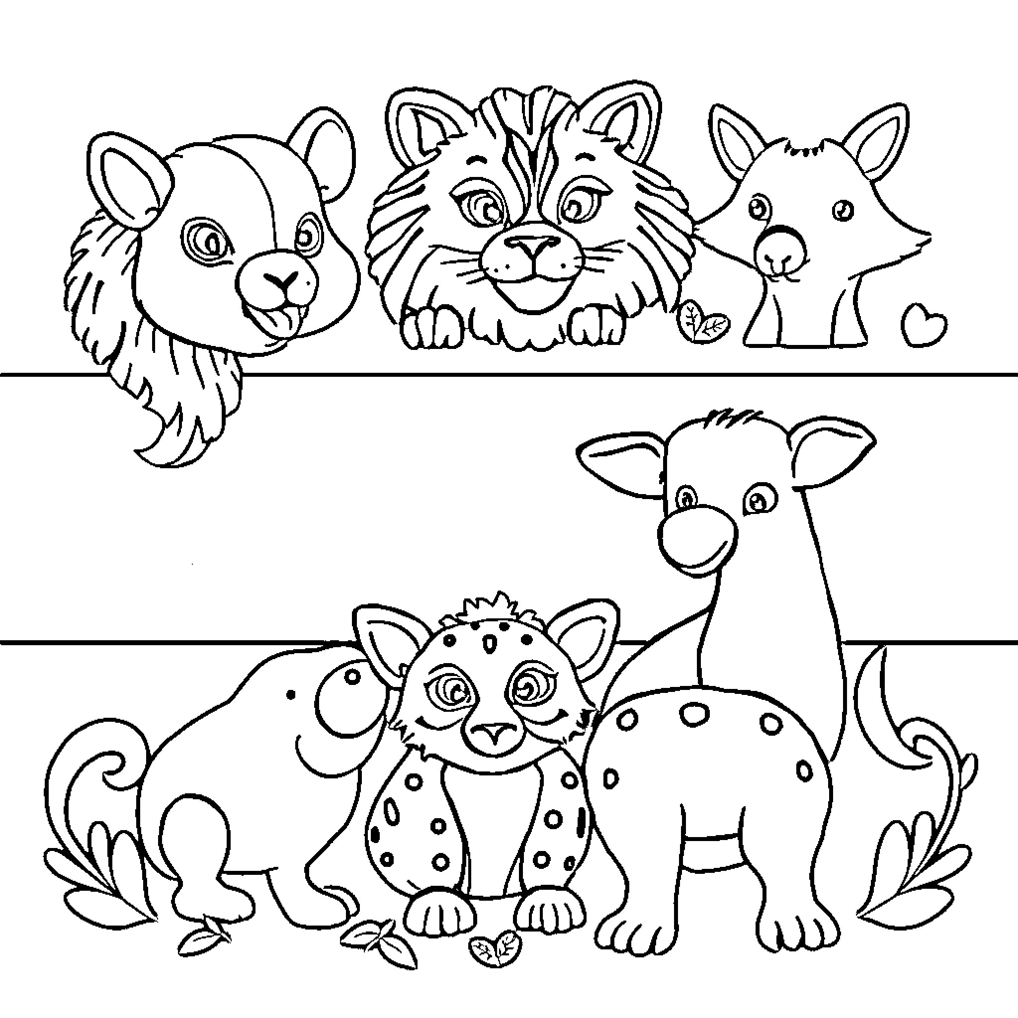 Animal Friends in Playful Poses Coloring Page (free black-and-white line drawing printable PDF for all, from beginners to advanced learners, including children, teens, adults, and seniors)