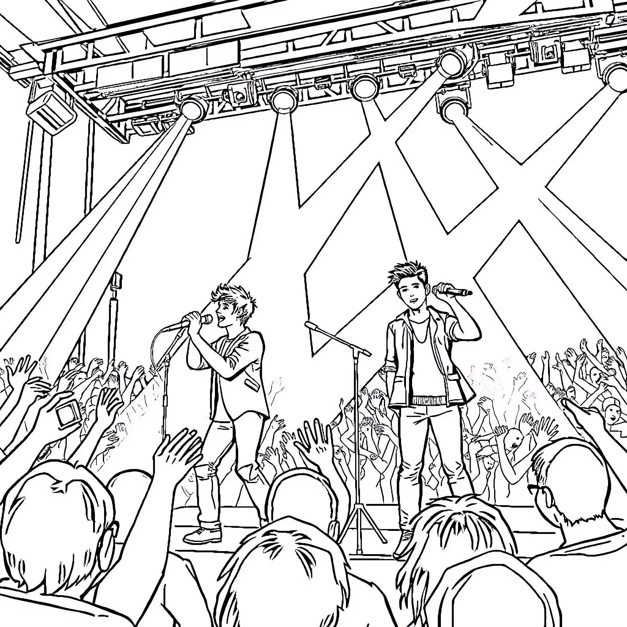 Jonas Brothers Performing on Stage for Enthusiastic Crowd Coloring Page (free black-and-white line drawing printable PDF for all, from beginners to advanced learners, including children, teens, adults, and seniors)