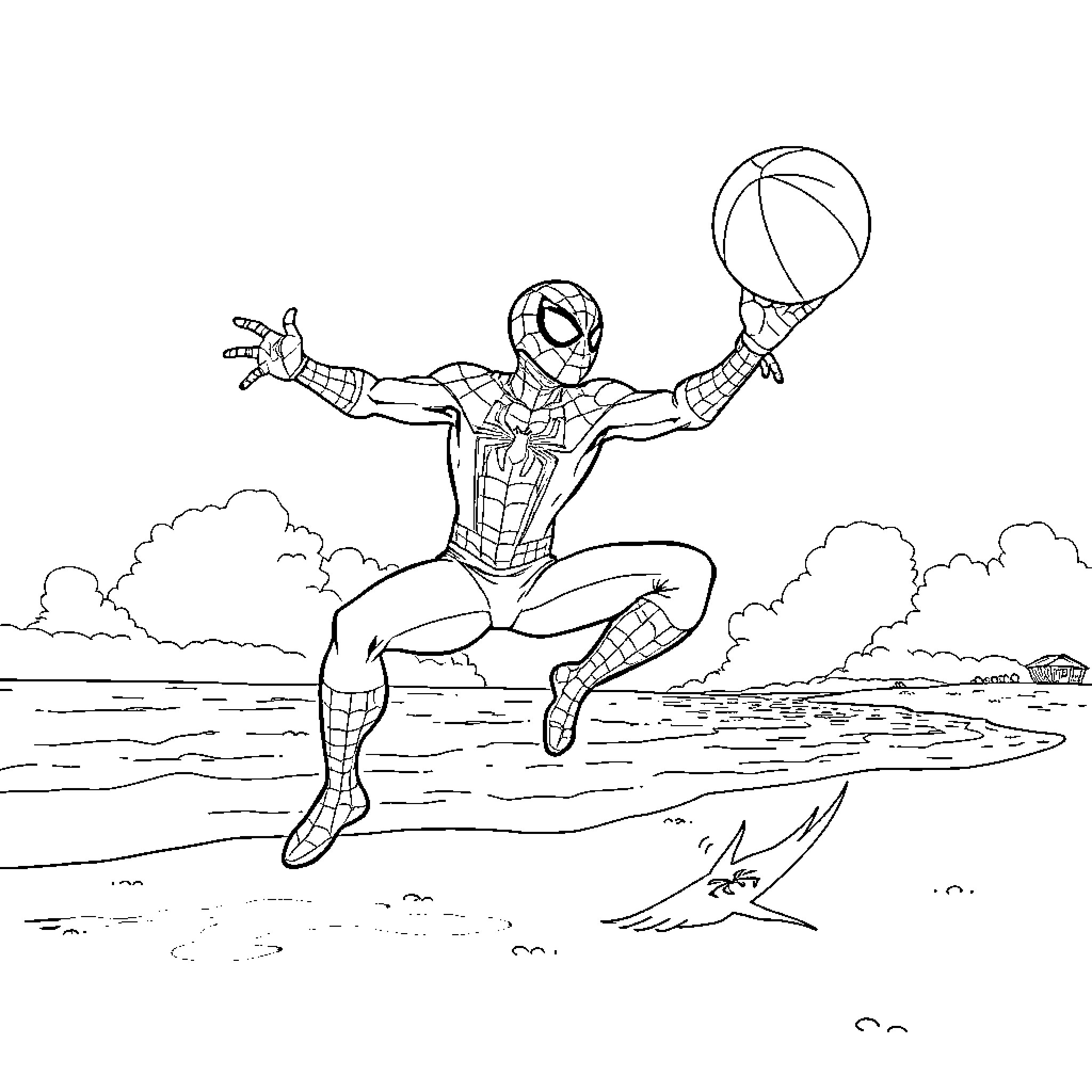 Spiderman leaping with basketball on beach Coloring Page (free black-and-white line drawing printable PDF for all, from beginners to advanced learners, including children, teens, adults, and seniors)