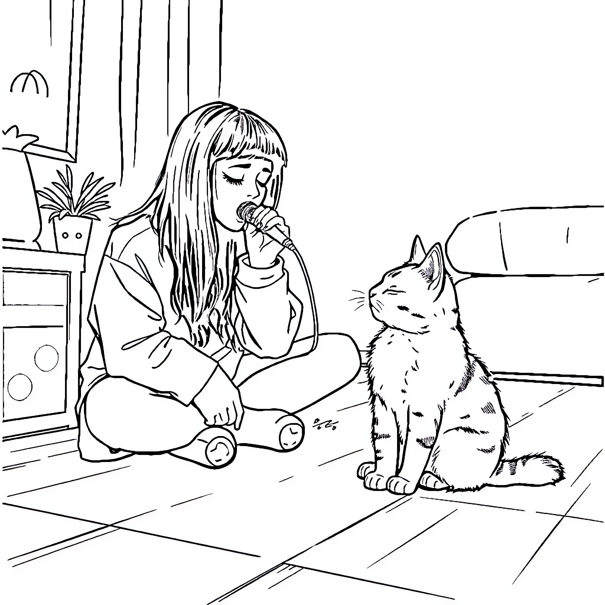 Billie Eilish singing and relaxing with a cat Coloring Page (free black-and-white line drawing printable PDF for all, from beginners to advanced learners, including children, teens, adults, and seniors)