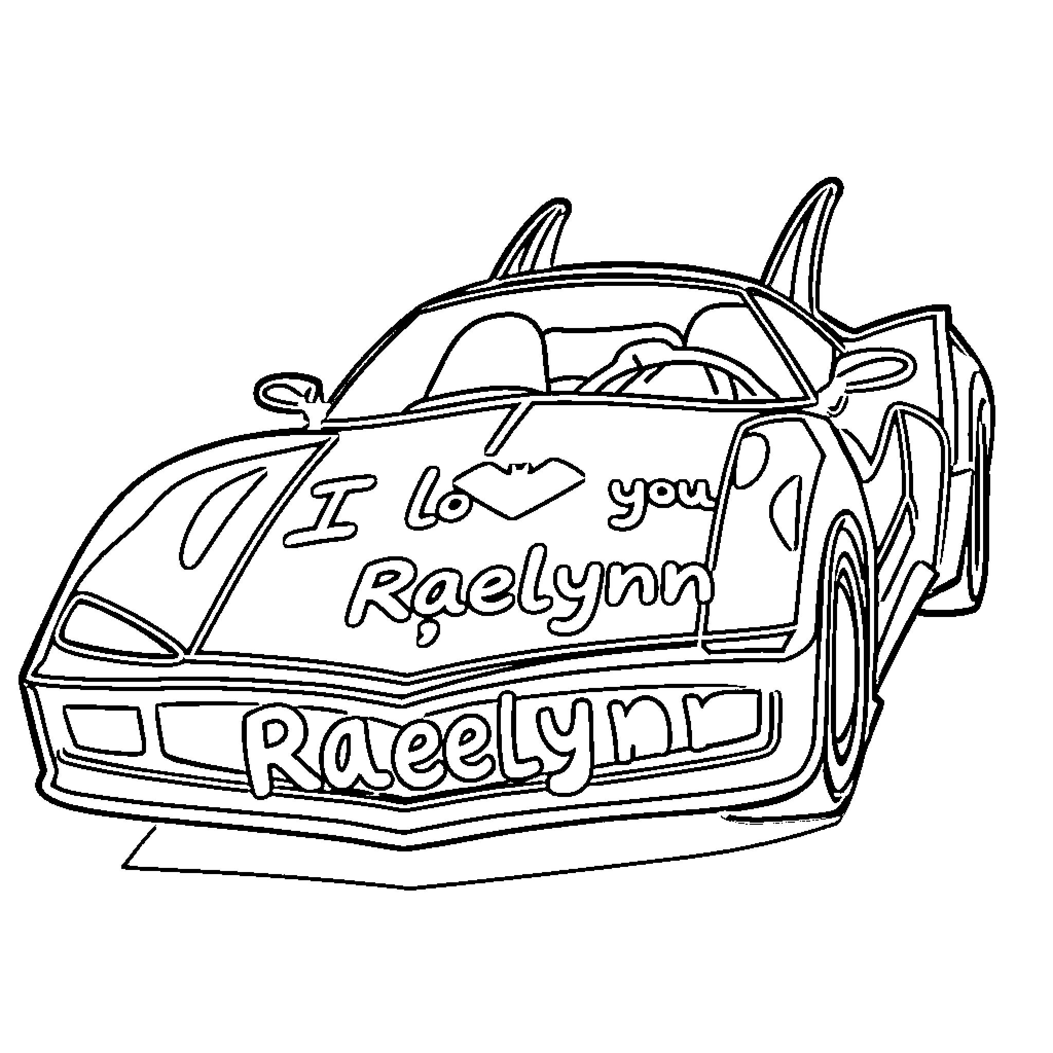 Batmobile with a heartfelt message for Raelynn Coloring Page (free black-and-white line drawing printable PDF for all, from beginners to advanced learners, including children, teens, adults, and seniors)