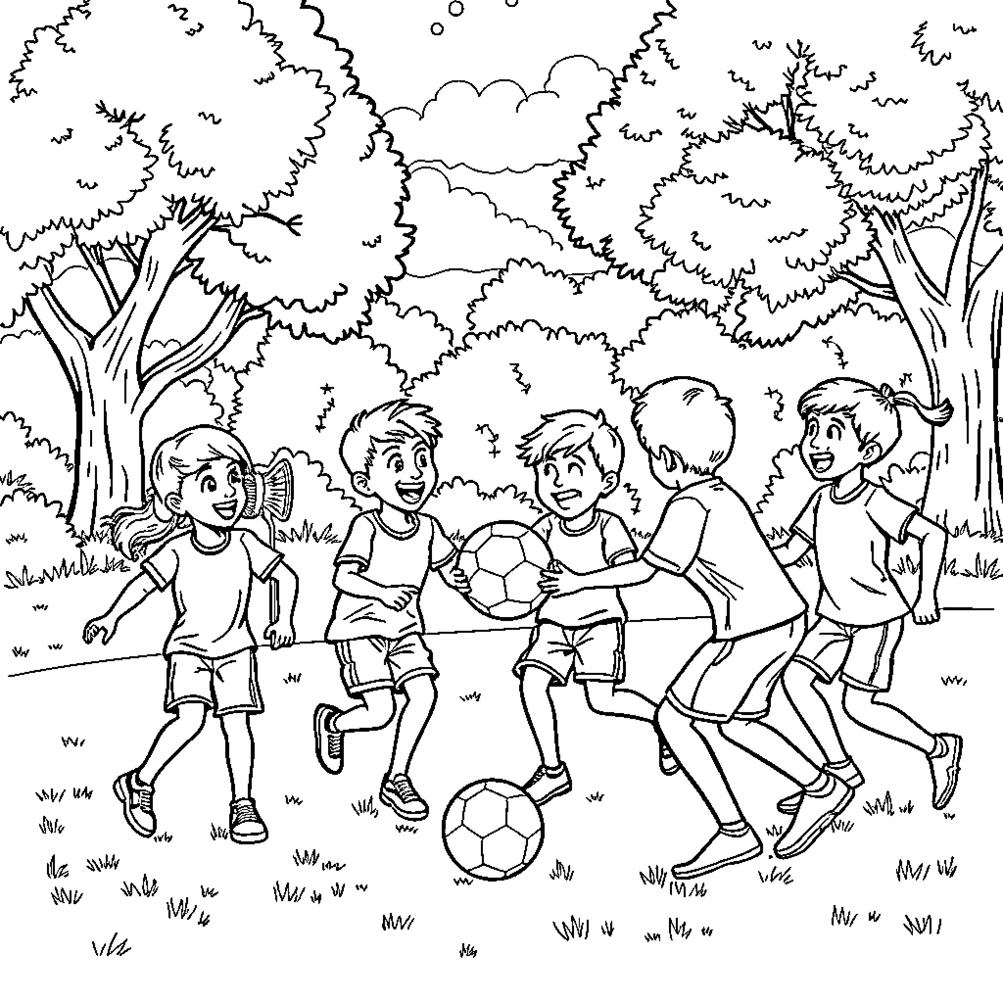 Kid playing soccer with friends in the park Coloring Page (free black-and-white line drawing printable PDF for all, from beginners to advanced learners, including children, teens, adults, and seniors)