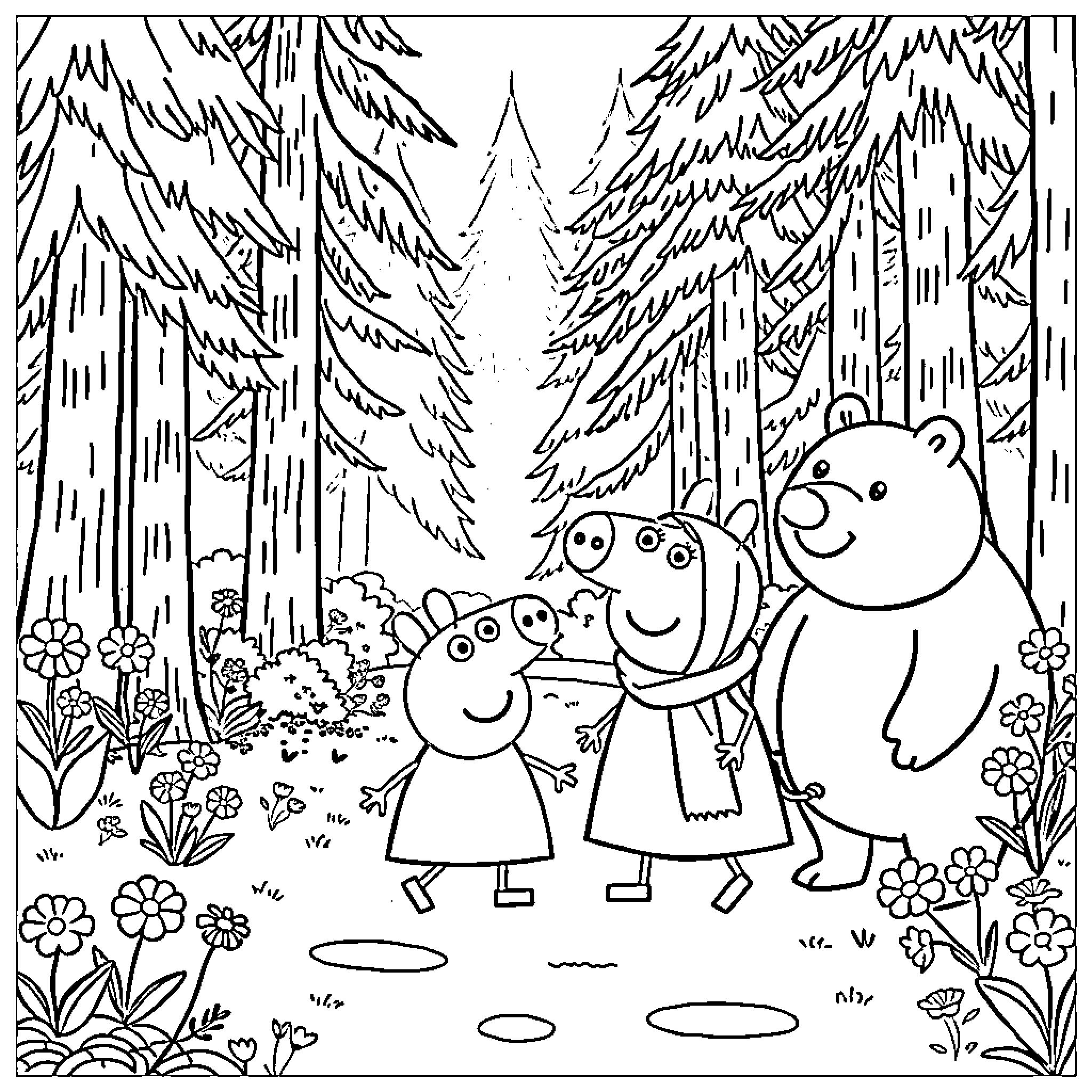 Peppa Pig enjoying a picnic with friends in the forest Coloring Page (free black-and-white line drawing printable PDF for all, from beginners to advanced learners, including children, teens, adults, and seniors)