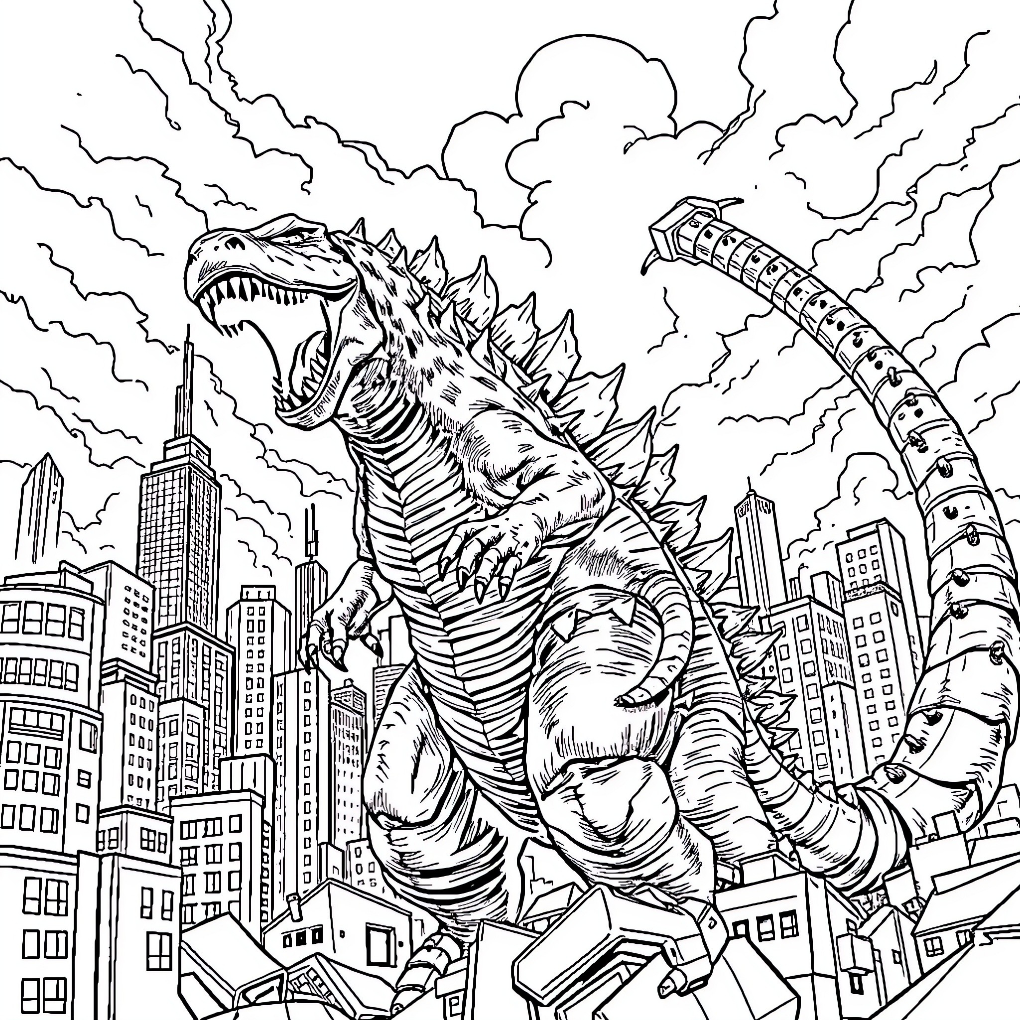 Godzilla rampaging through the city Coloring Page (free black-and-white line drawing printable PDF for all, from beginners to advanced learners, including children, teens, adults, and seniors)