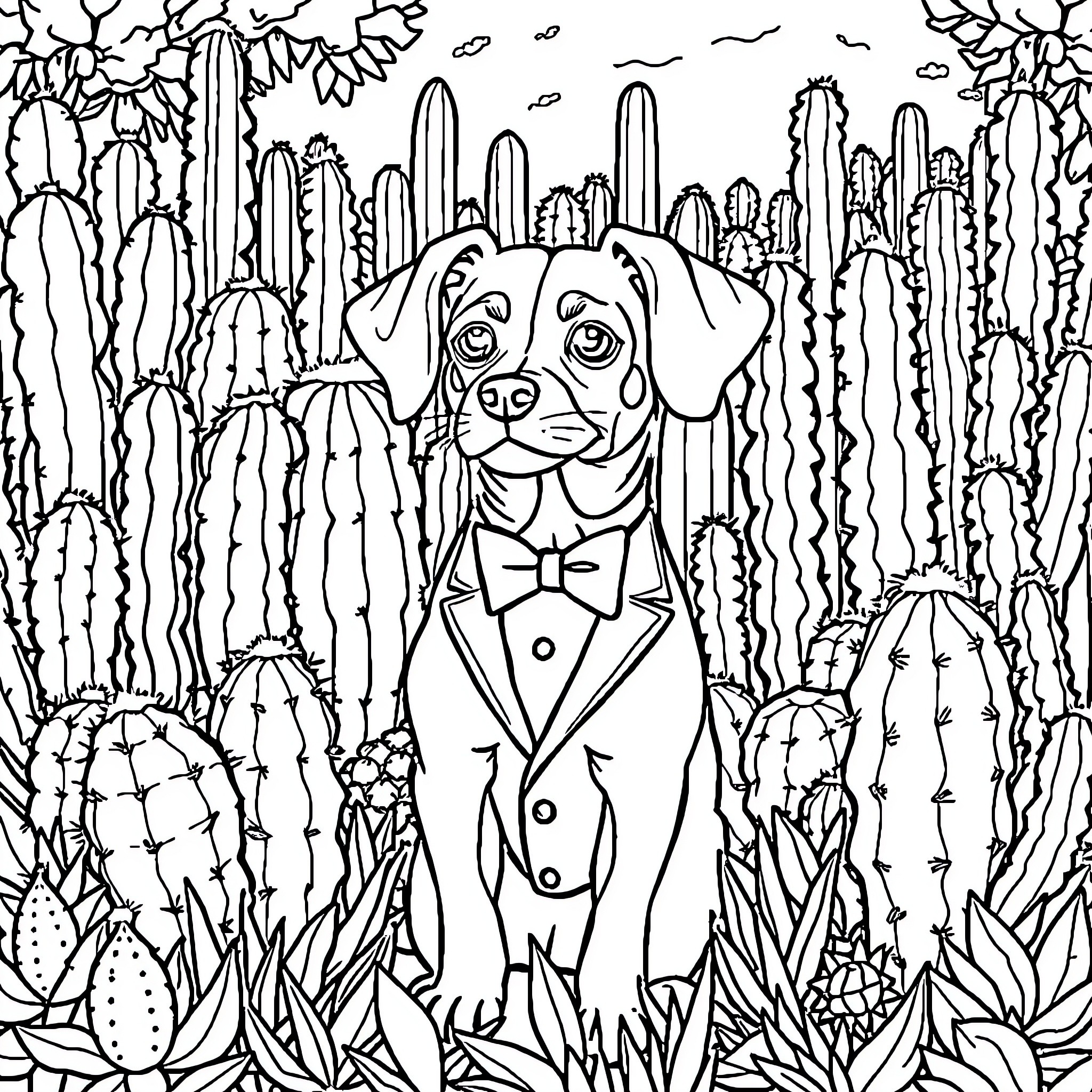 Cactus and the Curious Canine Coloring Page (free black-and-white line drawing printable PDF for all, from beginners to advanced learners, including children, teens, adults, and seniors)