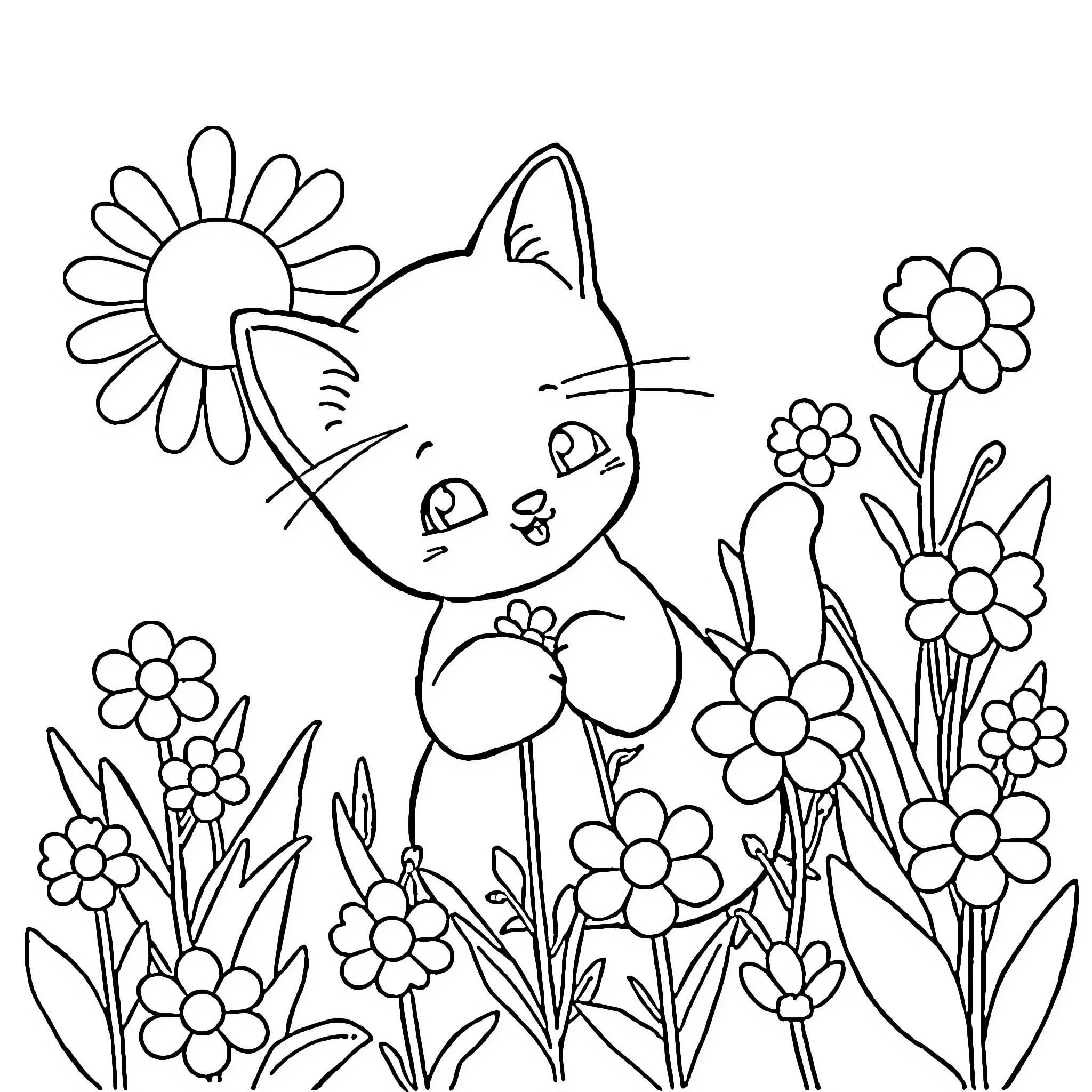 Cat surrounded by flowers in a garden Coloring Page (free black-and-white line drawing printable PDF for all, from beginners to advanced learners, including children, teens, adults, and seniors)