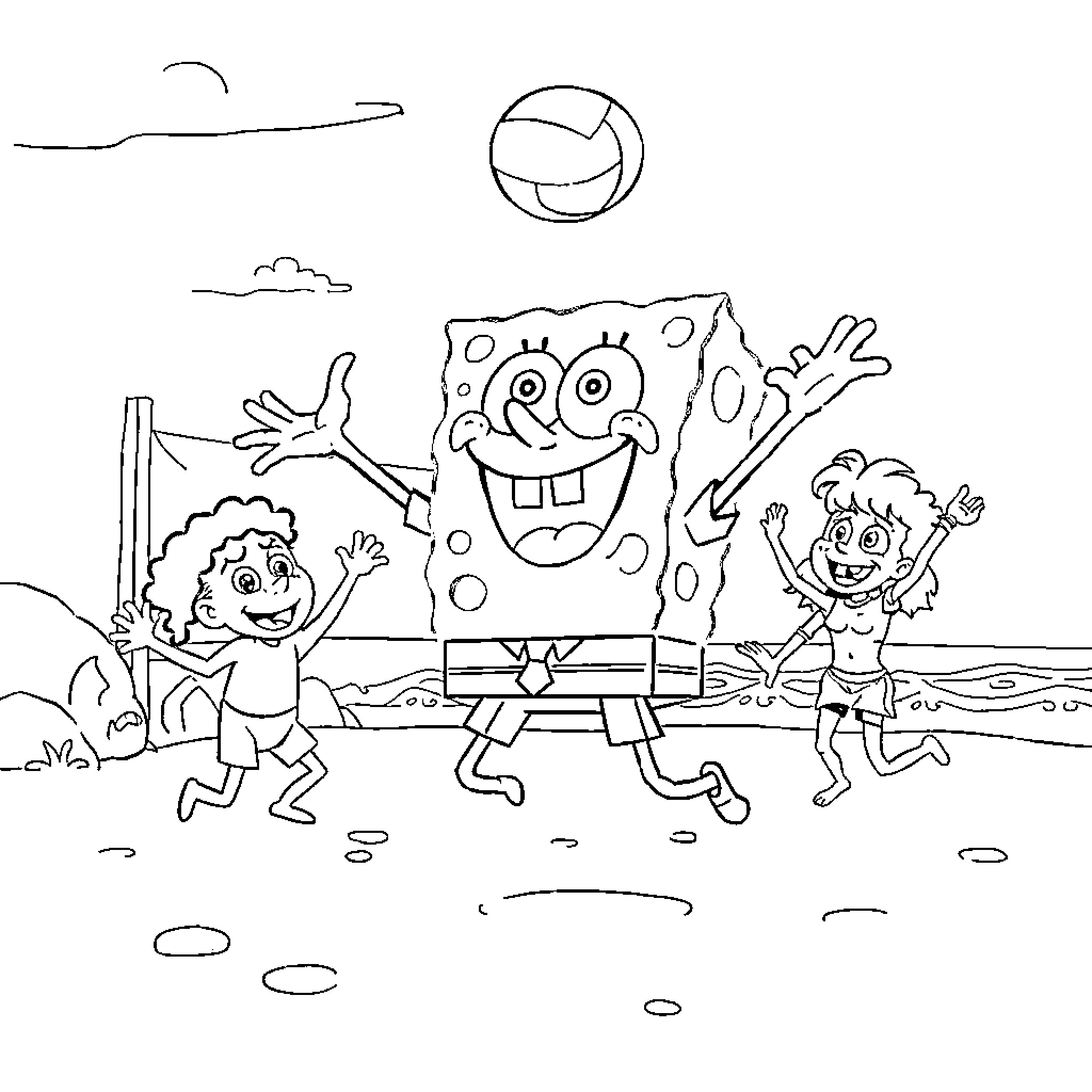 Spongebob and friends playing on the beach Coloring Page (free black-and-white line drawing printable PDF for all, from beginners to advanced learners, including children, teens, adults, and seniors)