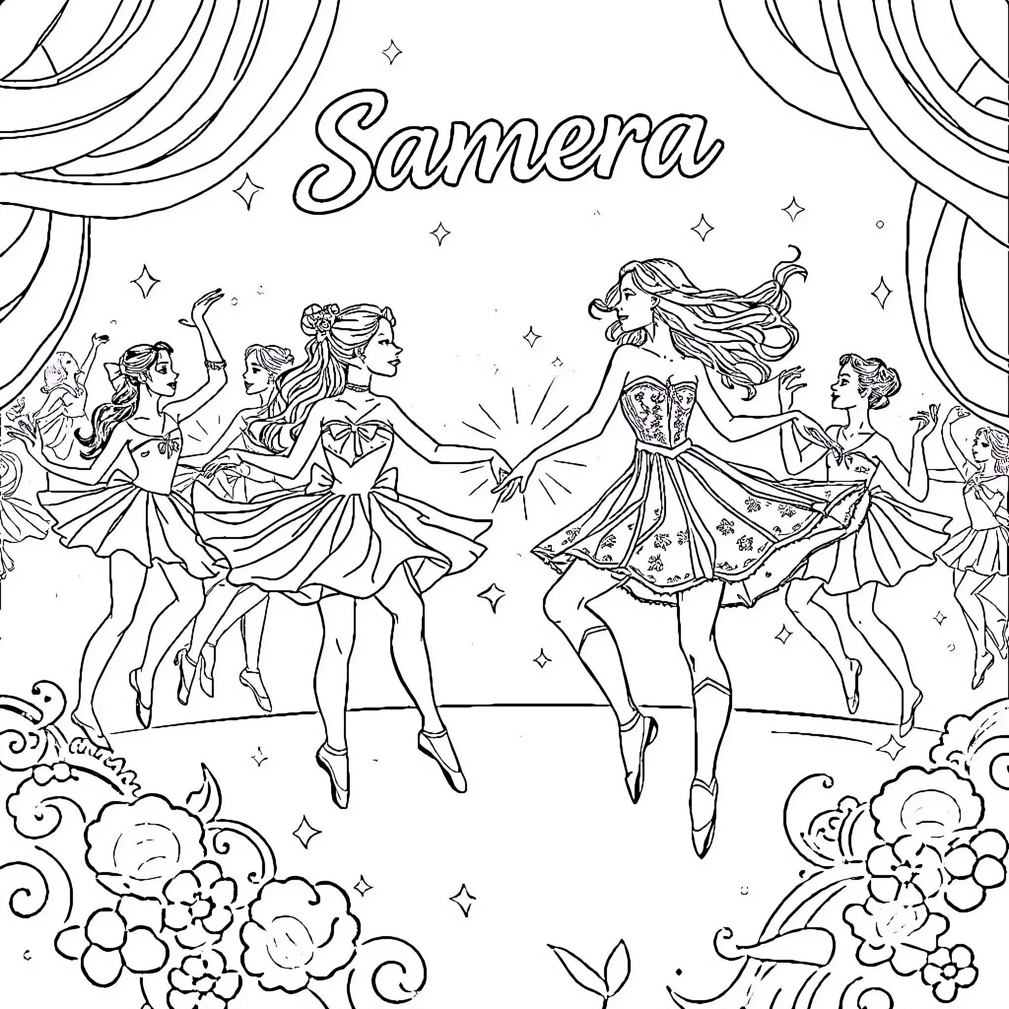Samara's theatrical dance performance Coloring Page (free black-and-white line drawing printable PDF for all, from beginners to advanced learners, including children, teens, adults, and seniors)