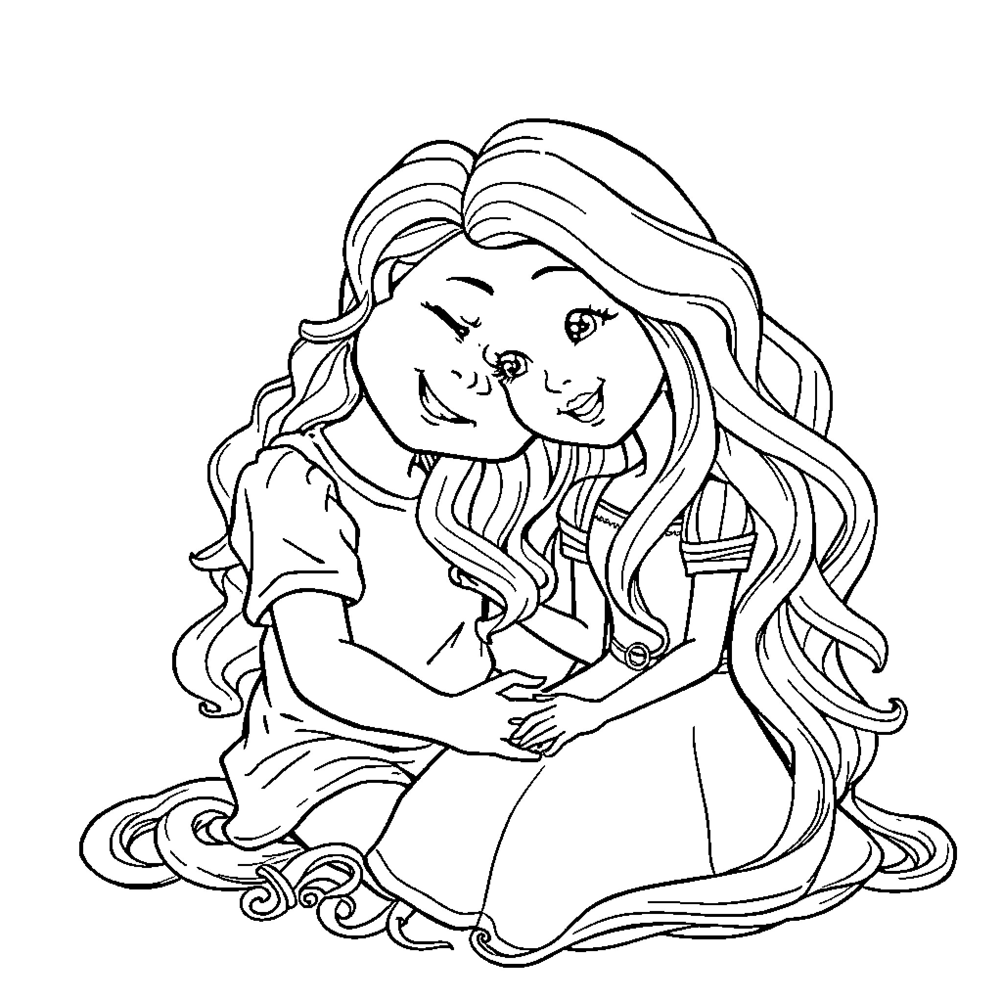 Girl daydreaming with long wavy hair Coloring Page (free black-and-white line drawing printable PDF for all, from beginners to advanced learners, including children, teens, adults, and seniors)