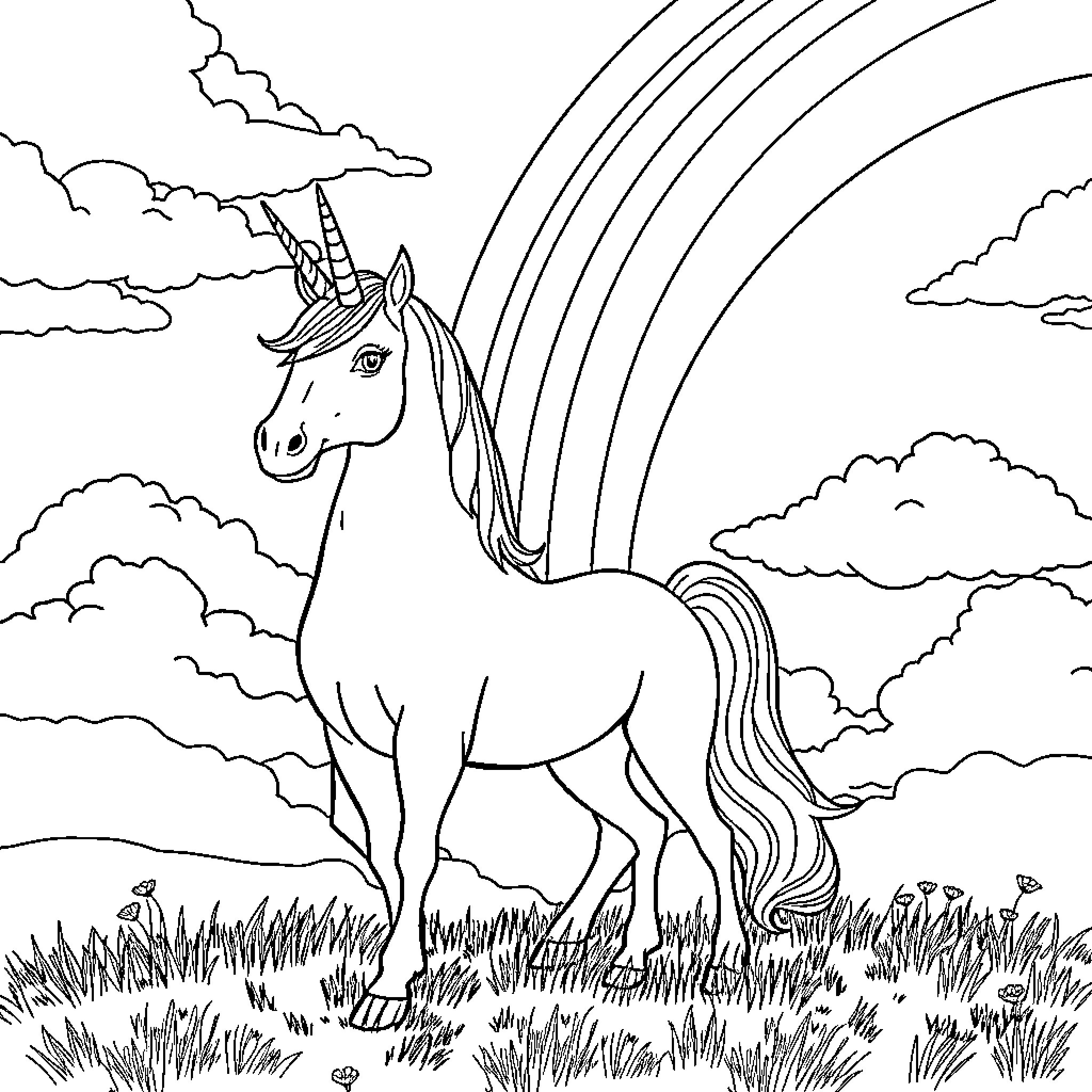 Unicorn standing amidst clouds and rainbow Coloring Page (free black-and-white line drawing printable PDF for all, from beginners to advanced learners, including children, teens, adults, and seniors)