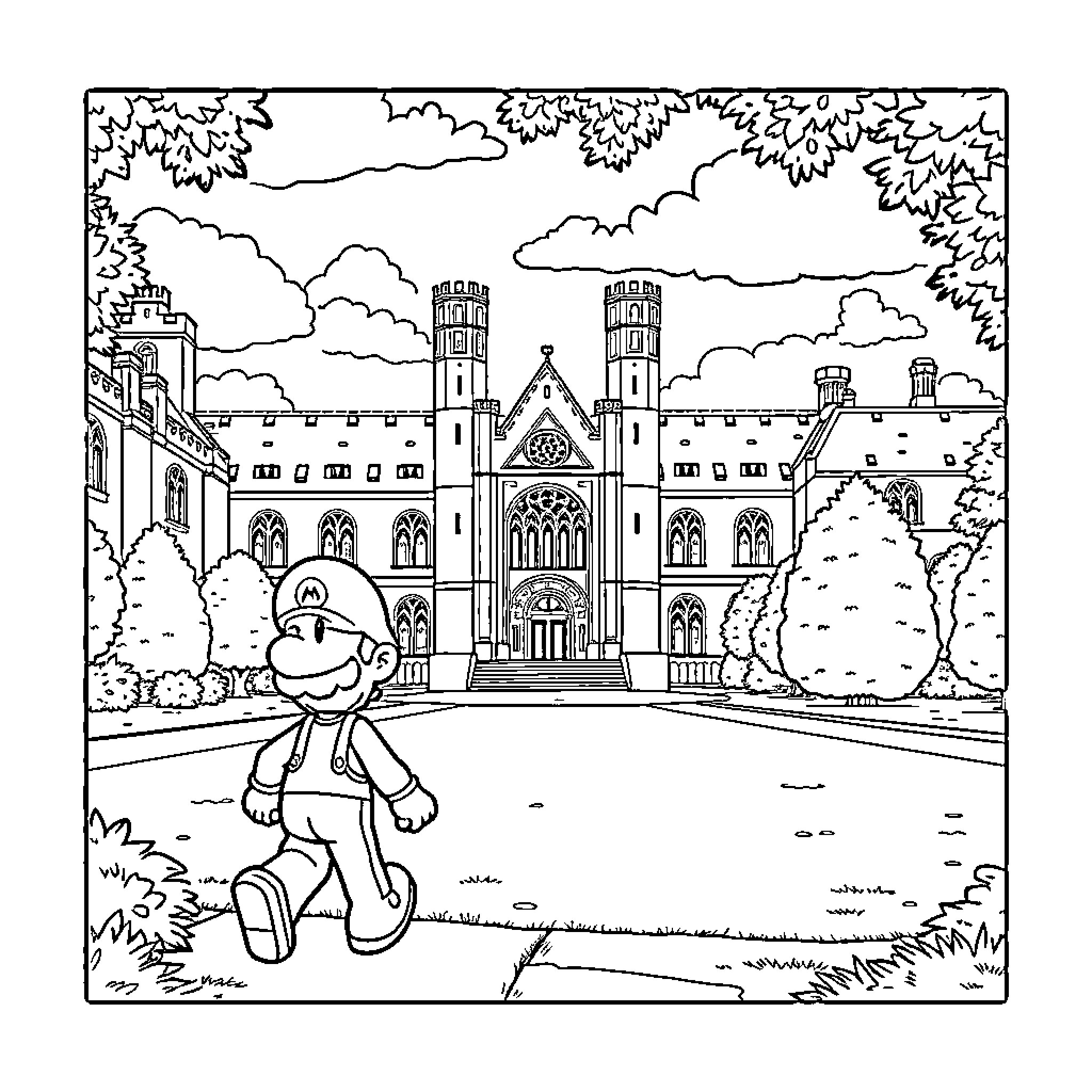 Mario Exploring the Ornate Castle Grounds Coloring Page (free black-and-white line drawing printable PDF for all, from beginners to advanced learners, including children, teens, adults, and seniors)