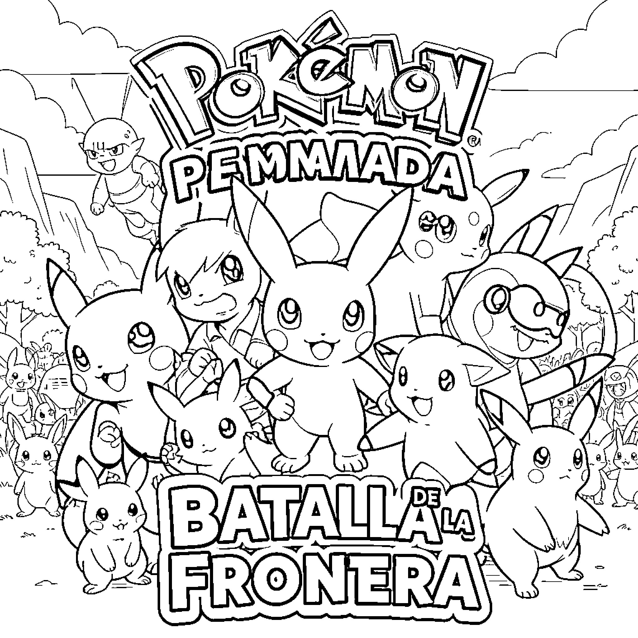 Pokémon characters gathering together for a group celebration Coloring Page (free black-and-white line drawing printable PDF for all, from beginners to advanced learners, including children, teens, adults, and seniors)