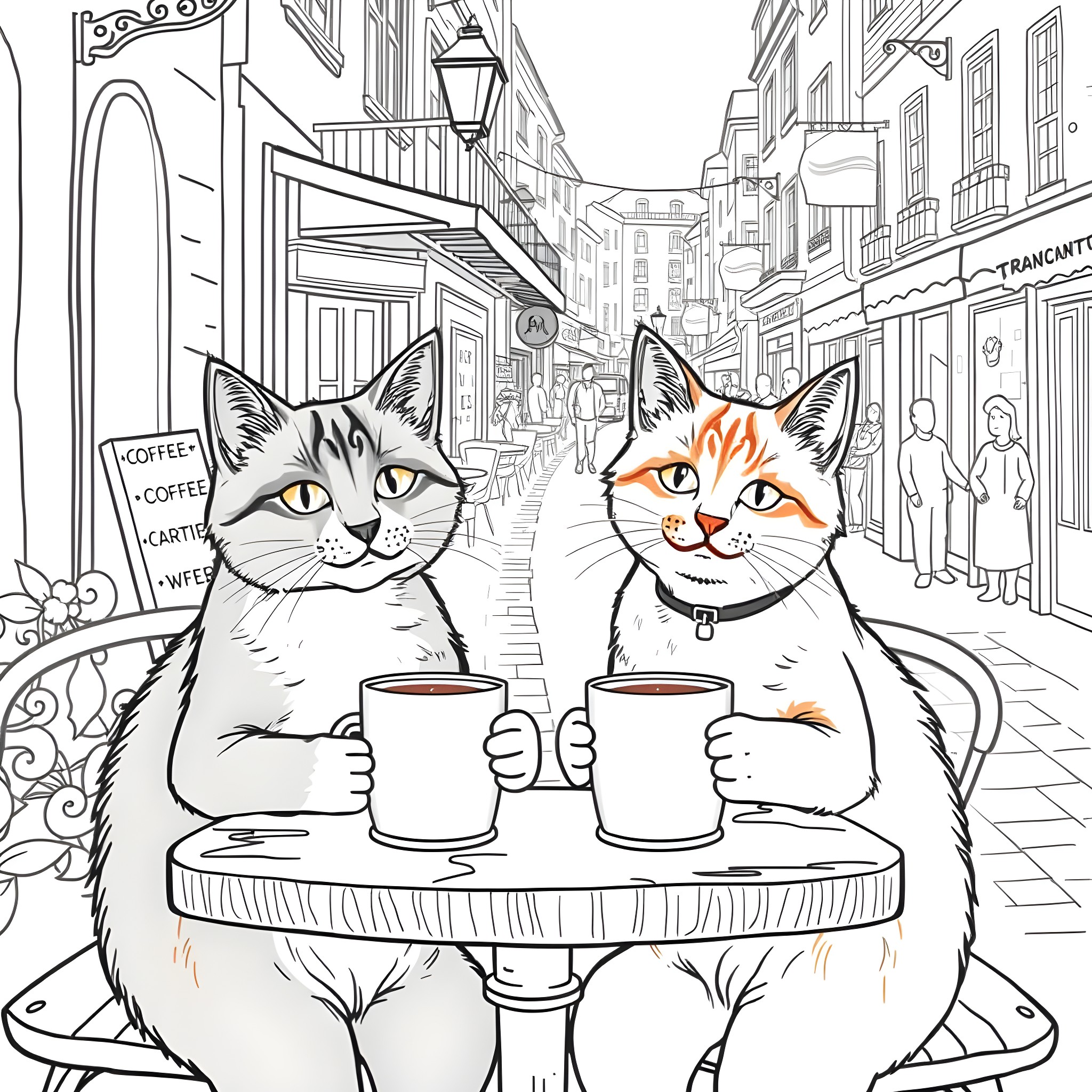 Cats enjoying coffee on a city street Coloring Page (free black-and-white line drawing printable PDF for all, from beginners to advanced learners, including children, teens, adults, and seniors)