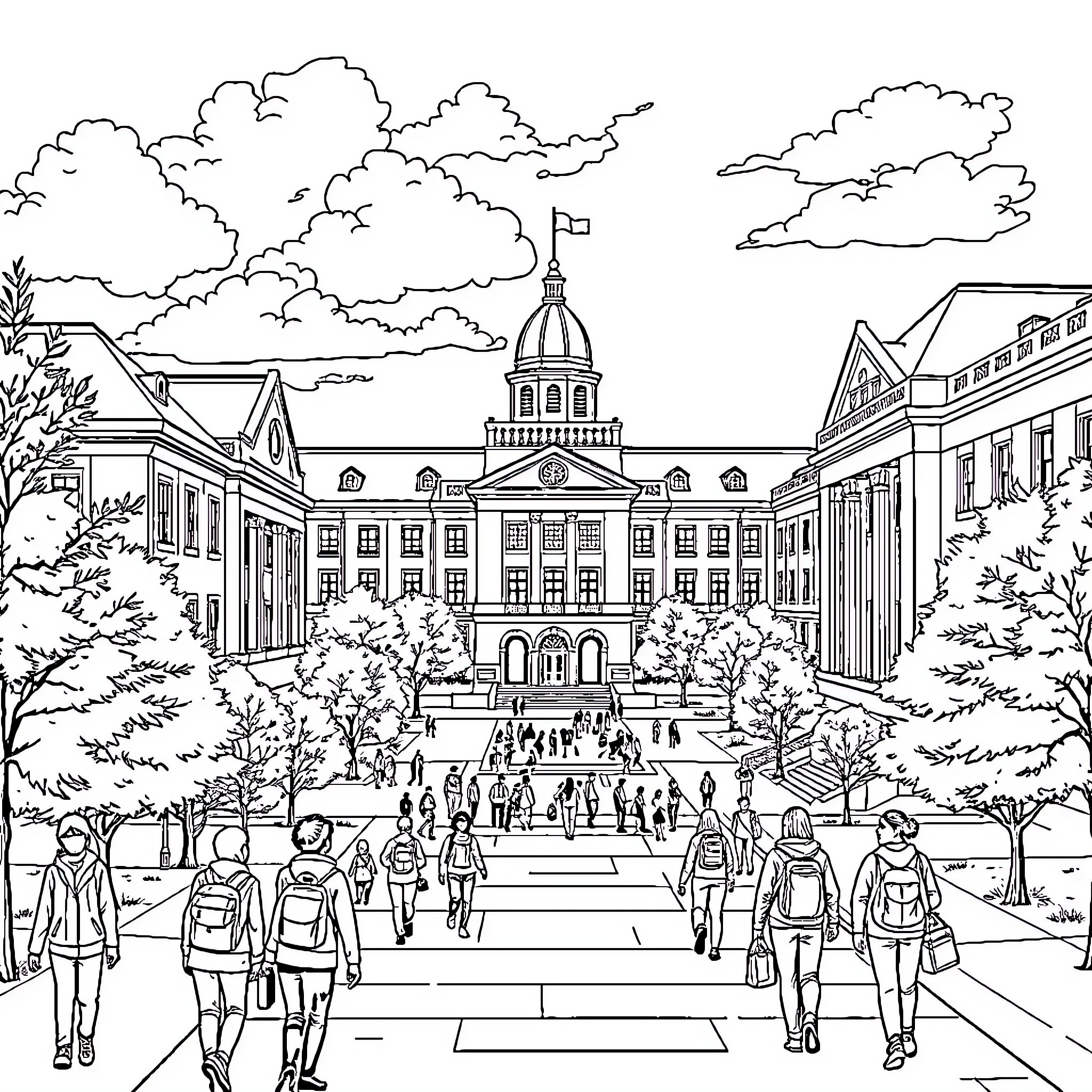 University Campus with Students on the Grounds Coloring Page (free black-and-white line drawing printable PDF for all, from beginners to advanced learners, including children, teens, adults, and seniors)