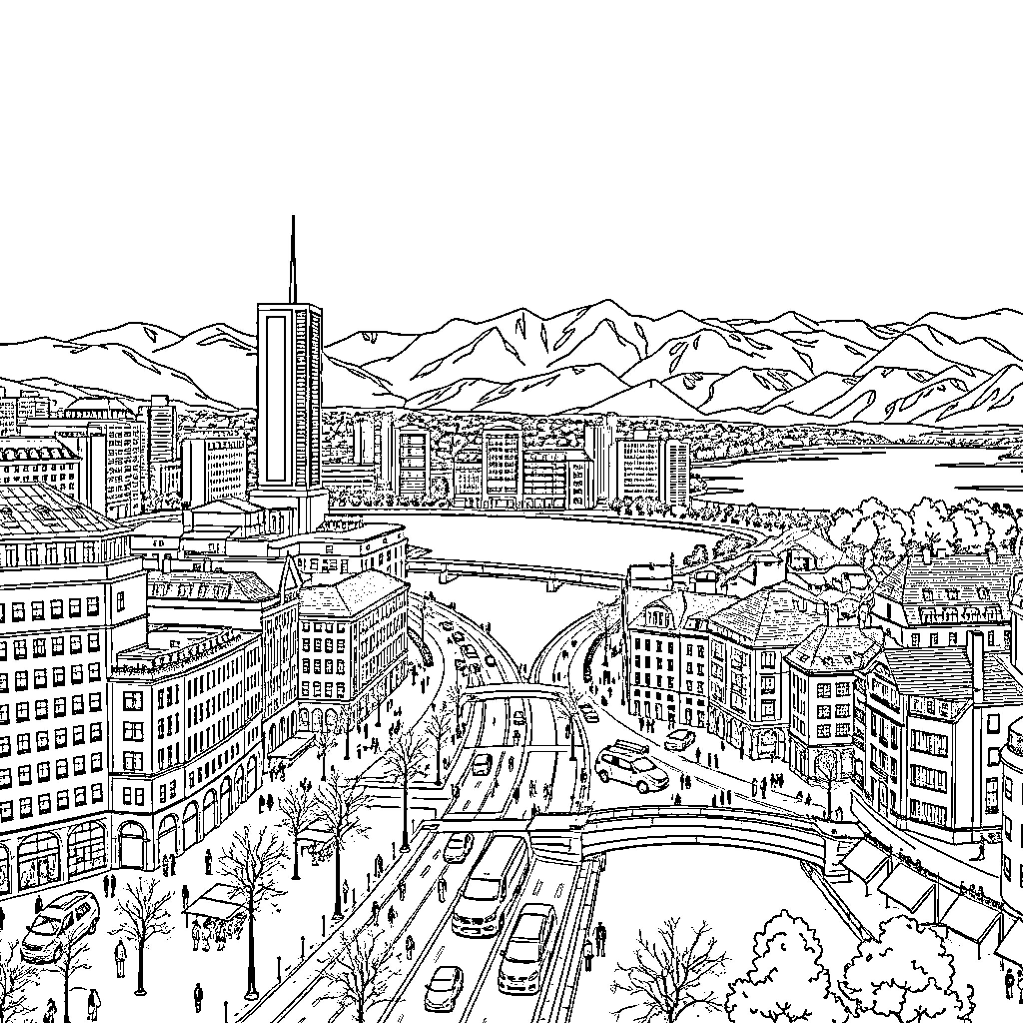 Zürich cityscape with bustling streets and snowy mountains Coloring Page (free black-and-white line drawing printable PDF for all, from beginners to advanced learners, including children, teens, adults, and seniors)