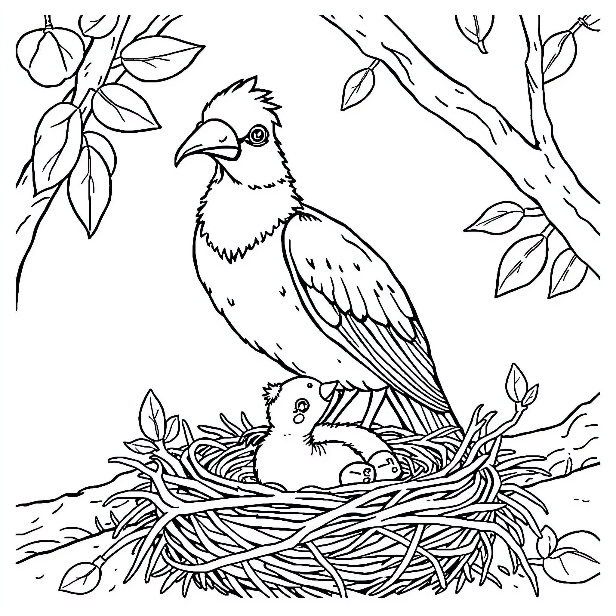 Bird caring for its nestlings in a tree Coloring Page (free black-and-white line drawing printable PDF for all, from beginners to advanced learners, including children, teens, adults, and seniors)