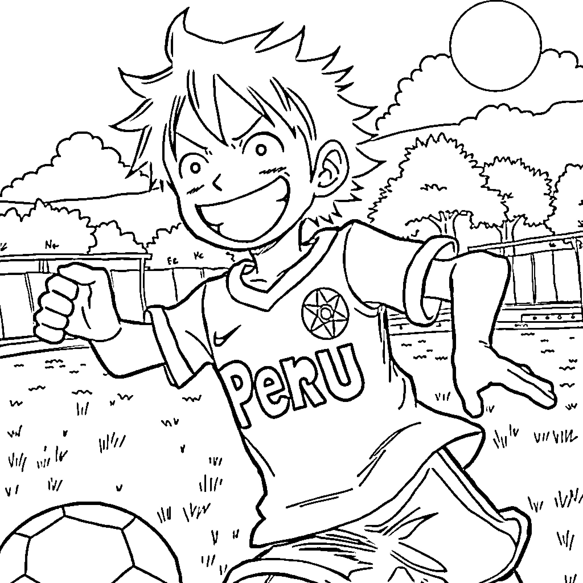 Luffy playing football joyfully on the field Coloring Page (free black-and-white line drawing printable PDF for all, from beginners to advanced learners, including children, teens, adults, and seniors)
